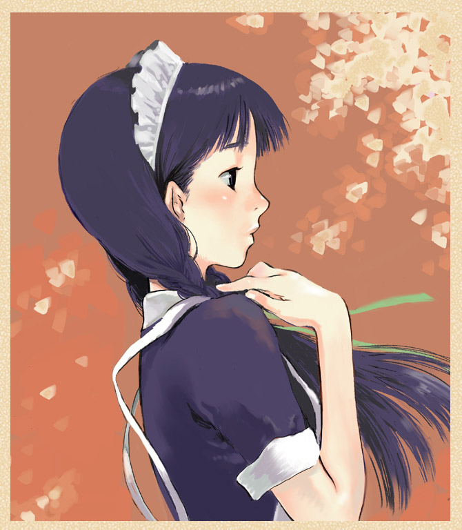 kantaro, tagme, blue hair, braid, from side, maid, orange background, profile, solo, twin braids