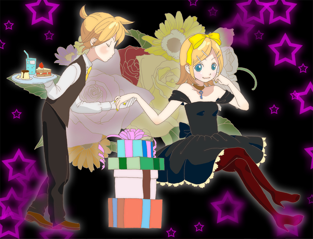 masyu, kagamine len, kagamine rin, vocaloid, bad id, bad pixiv id, 1boy, 1girl, brother and sister, butler, cake, closed eyes, dress, drink, flower, food, gift, hair ribbon, pantyhose, pastry, pudding, ribbon, siblings, sitting, star (symbol), tray, twins