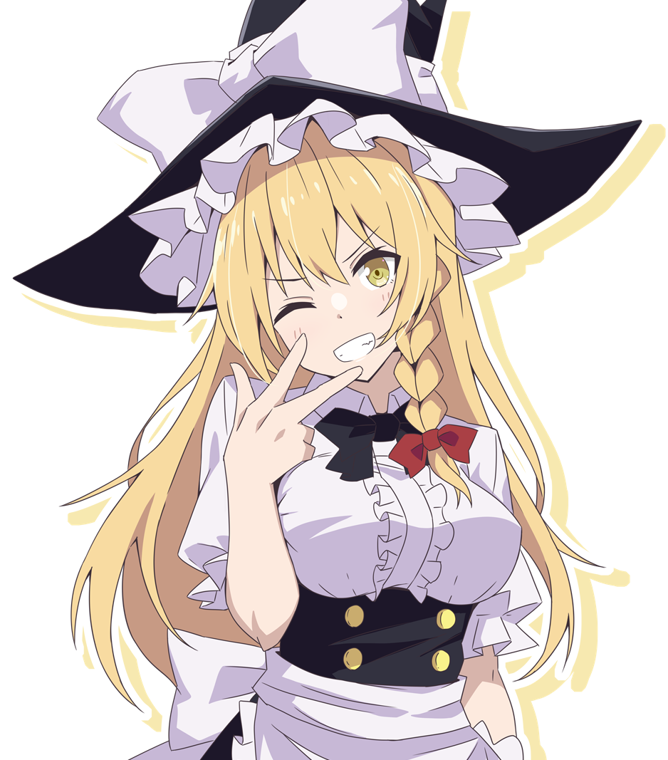 to~fuya, kirisame marisa, touhou, commentary request, 1girl, adapted costume, apron, black bow, black bowtie, black hat, blonde hair, bow, bowtie, braid, breasts, center frills, collared shirt, frills, grin, hair bow, hat, hat bow, large breasts, long hair, looking at viewer, one eye closed, outline, red bow, shirt, single braid, smile, solo, underbust, very long hair, w, waist apron, white bow, white outline, white shirt, witch hat, yellow eyes