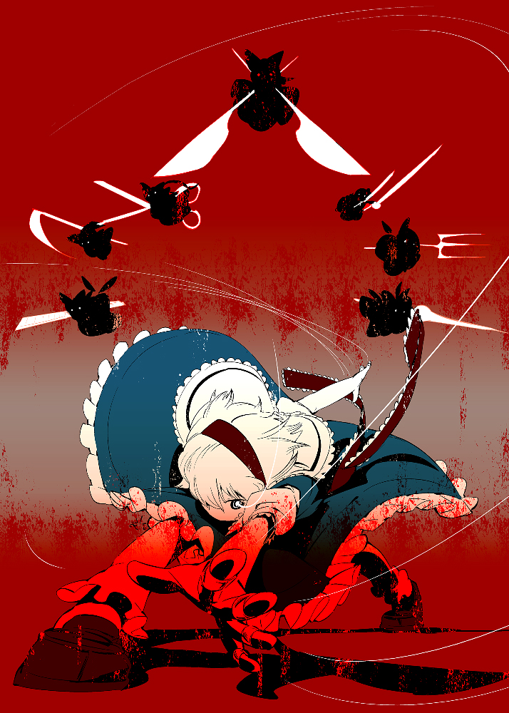 mizu asato, alice margatroid, touhou, 6+girls, boxcutter, doll, female focus, fork, full body, gradient background, knife, lance, multiple girls, polearm, scissors, scythe, silhouette, solo, spear, string, weapon