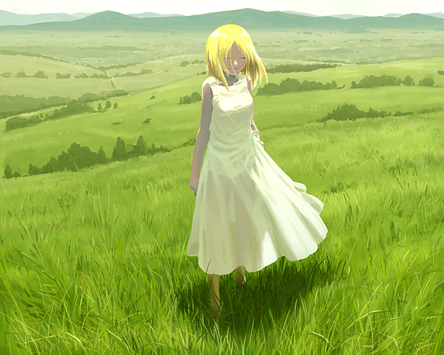 mizu asato, 1girl, blonde hair, closed eyes, dress, female focus, grass, green theme, landscape, mountain, nature, scenery, see-through clothes, smile, solo, white dress