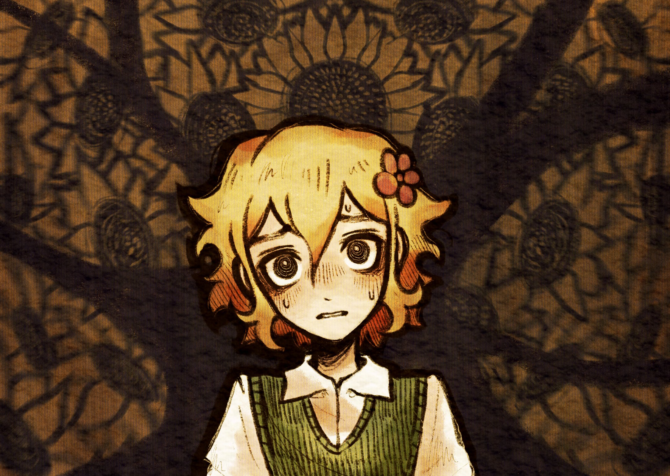 ottie pops, basil (faraway) (omori), basil (omori), omori, highres, 1boy, alternate eye color, black eyes, blonde hair, blush, bright pupils, collared shirt, double-parted bangs, flower, green sweater vest, hair between eyes, hair flower, hair ornament, male focus, parted lips, shirt, short hair, short sleeves, sidelocks, solo, sunflower, sweat, sweater vest, upper body, white pupils, white shirt