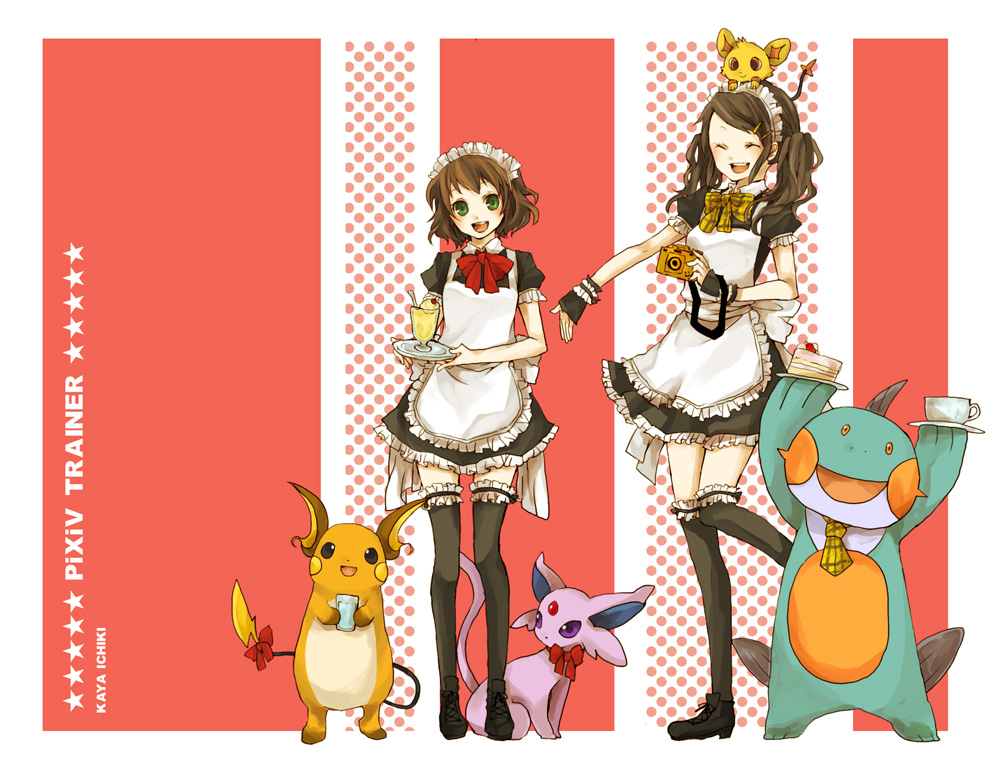 buzz (moi), espeon, marshtomp, raichu, shinx, nintendo, pixiv, pixiv trainer, pokemon, black legwear, cross-laced footwear, bad id, bad pixiv id, 2girls, alternate color, blush, brown hair, camera, clothed pokemon, food, gen 1 pokemon, gen 2 pokemon, gen 3 pokemon, gen 4 pokemon, green eyes, ice cream, maid, maid headdress, multiple girls, pokemon (creature), shiny pokemon, smile, thighhighs, waitress