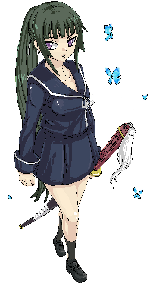 minarai, isayama yomi, ga-rei, ga-rei zero, 00s, bug, butterfly, green hair, insect, jaggy lines, katana, long hair, oekaki, ponytail, purple eyes, school uniform, serafuku, skirt, solo, sword, weapon