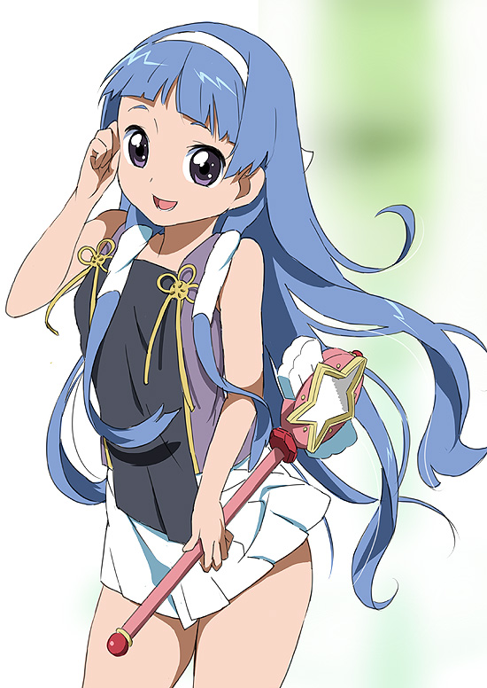 kawasaki kazuhiko, nagi, kannagi, 00s, 1girl, adjusting hair, blue hair, blunt bangs, female focus, hair tubes, hairband, long hair, pleated skirt, skirt, smile, solo, wand, white skirt