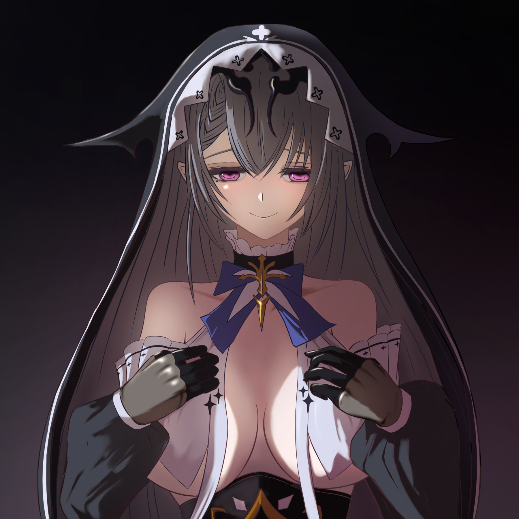 fuyuame5089, duguay-trouin (azur lane), azur lane, highres, 1girl, bare shoulders, black background, black gloves, braid, breasts, closed mouth, gloves, gradient background, grey hair, hands up, large breasts, looking at viewer, mole, mole under eye, nun, pointy ears, purple eyes, simple background, smile, solo, upper body