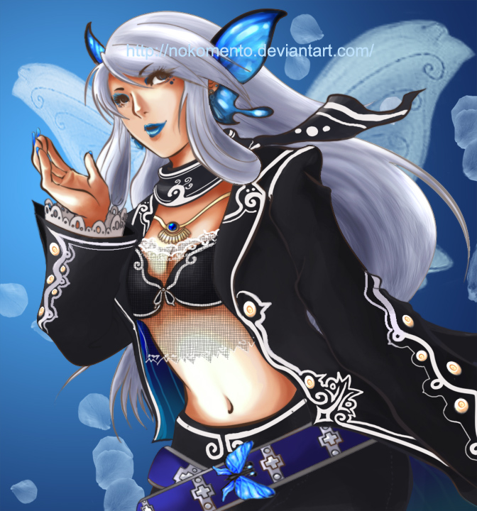 nokomento, luise meyrink, kof: maximum impact, snk, the king of fighters, silver hair, 1girl, blue eyes, bug, butterfly, female focus, insect, long hair, nail polish, solo, watermark, web address