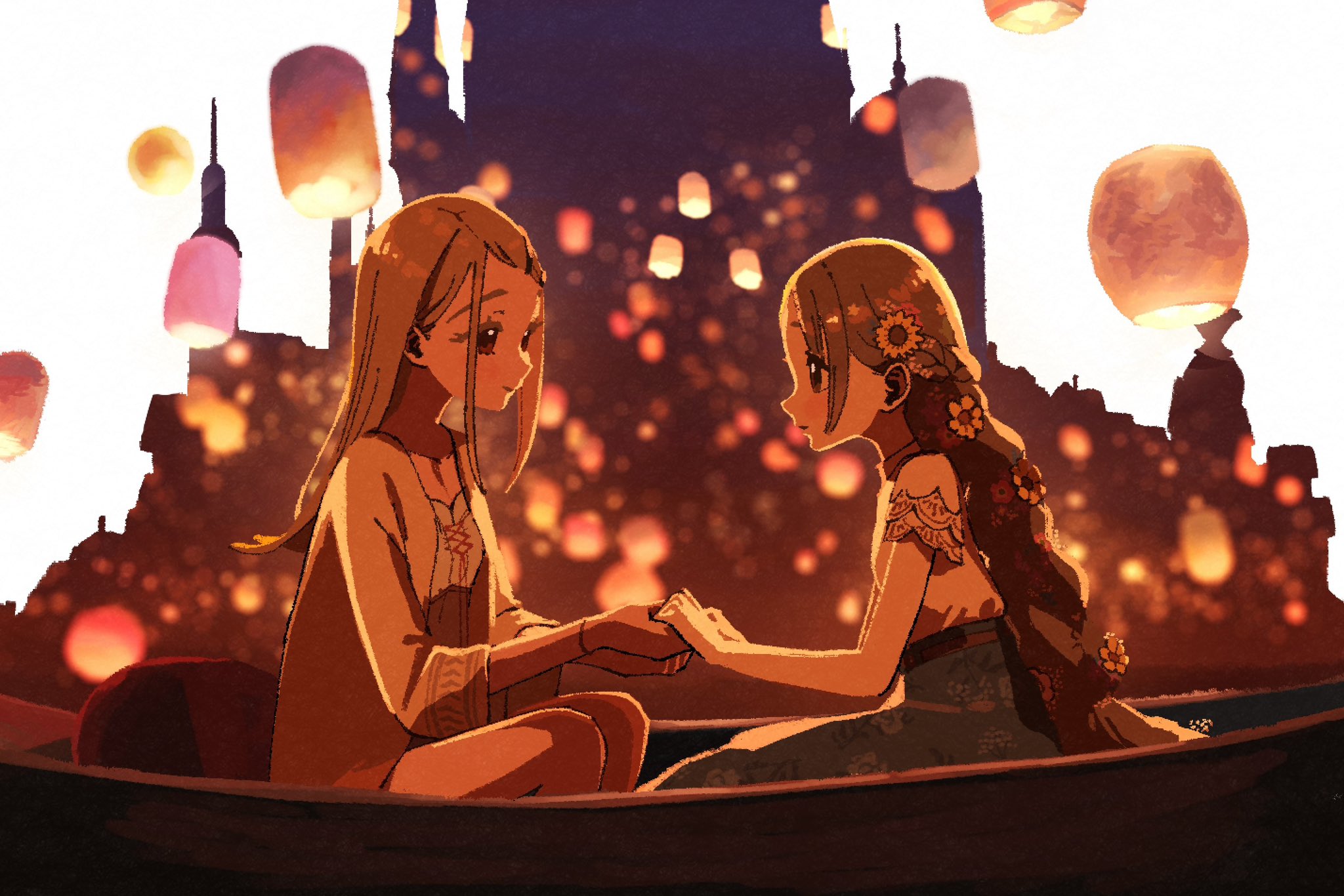 garryaoki, kuramoto china, shinosawa hiro, gakuen idolmaster, idolmaster, tangled, highres, 2girls, boat, camisole, cardigan, dress, flower, hair flower, hair ornament, holding hands, lantern, light smile, long hair, long skirt, medium hair, multiple girls, paper lantern, scene reference, skirt, sky lantern, sunflower, sunflower hair ornament, watercraft, white dress, yuri