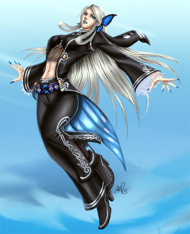 luise meyrink, kof: maximum impact, snk, the king of fighters, silver hair, lowres, 1girl, blue eyes, bug, butterfly, female focus, insect, long hair, nail polish, solo