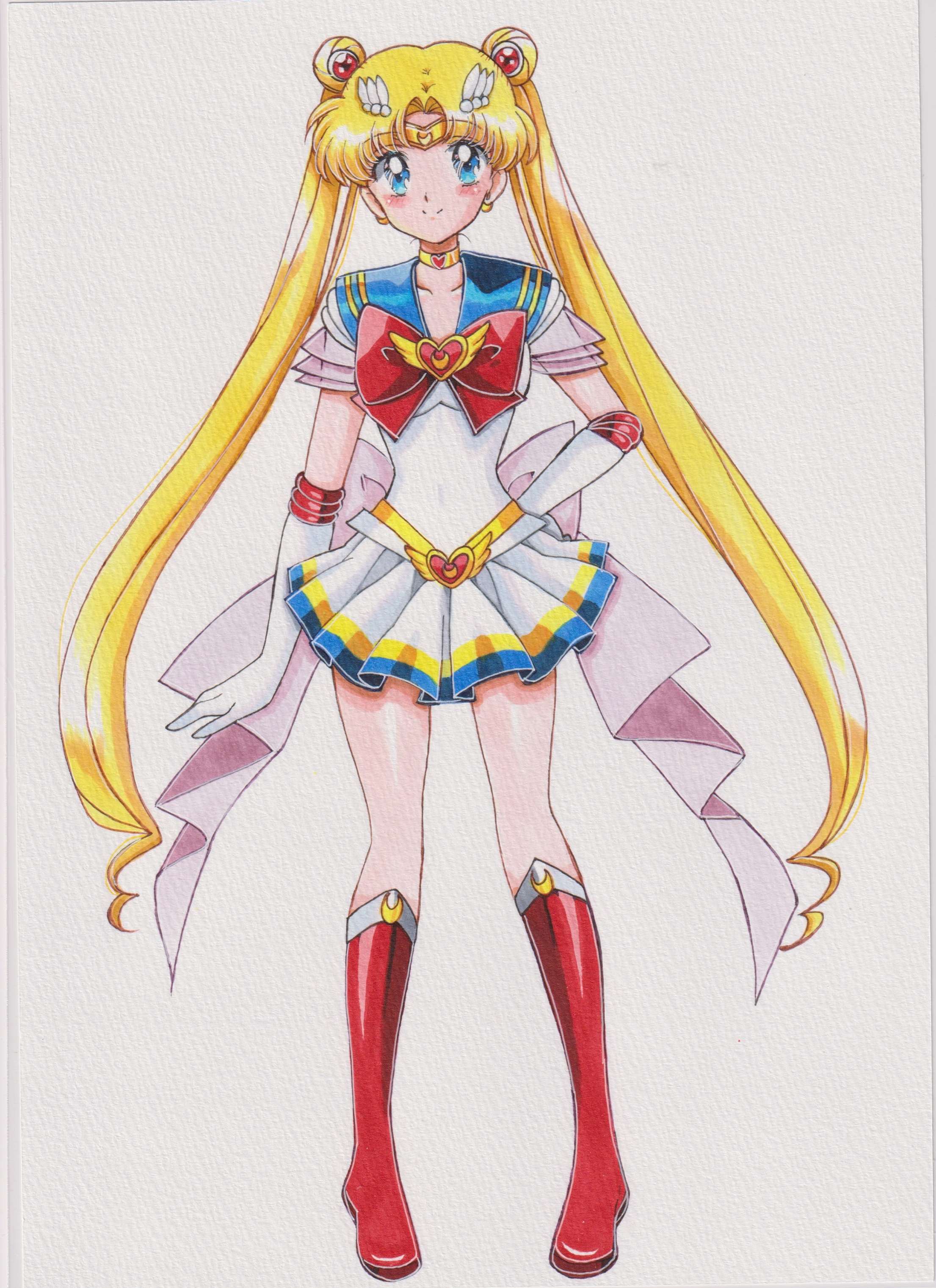 chikoto (kztc4472), sailor moon, super sailor moon, tsukino usagi, bishoujo senshi sailor moon, absurdres, highres, 1girl, blonde hair, blue eyes, blue sailor collar, bow, choker, collarbone, cosmic heart compact, crescent, crescent choker, crescent earrings, double bun, earrings, elbow gloves, gloves, gold belt, hair bun, hair ornament, heart, heart choker, jewelry, long hair, magical girl, multicolored skirt, parted bangs, red bow, red choker, sailor collar, sailor senshi uniform, skirt, solo, twintails, very long hair, white gloves, white skirt