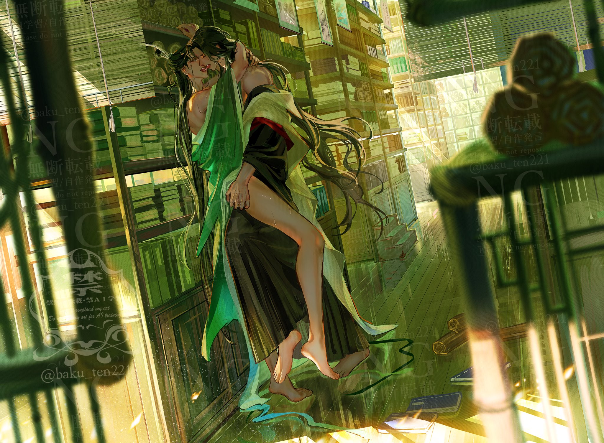 luo binghe, shen qingqiu, zuiyin, renzha fanpai zijiu xitong, highres, 2boys, anal, artist name, baku ten221, bare legs, bare shoulders, barefoot, black hair, black hanfu, blurry, blurry foreground, blush, book, book stack, bookshelf, chinese clothes, closed eyes, coat, couple, depth of field, facial mark, forehead mark, french kiss, full body, green eyes, green hanfu, green ribbon, hanfu, hug, implied sex, indoors, kiss, light rays, long hair, long sleeves, looking at another, male focus, multiple boys, off shoulder, open clothes, open robe, profile, ribbon, robe, saliva, scroll, sex, shade, standing, standing sex, sweat, table, tongue, tongue out, topknot, twitter username, untied ribbon, very long hair, watermark, watermark grid, wavy hair, white coat, wide sleeves, window, window blinds, wooden floor, xiao guan (headdress), yaoi