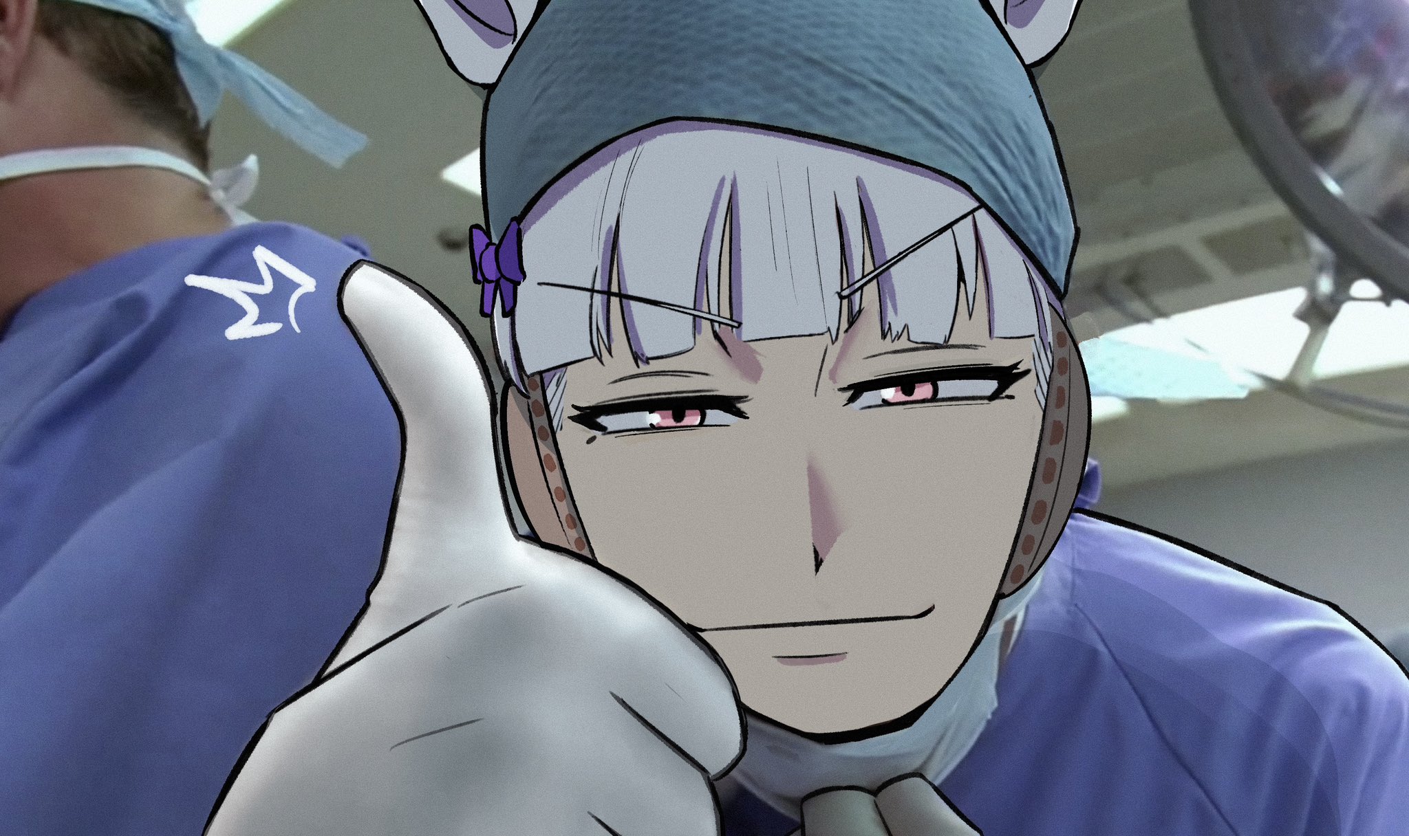 johnholl0w, gold ship (umamusume), mr. bean (series), umamusume, highres, 1boy, 1girl, 1other, animal ears, blunt bangs, closed mouth, elbow gloves, gloves, grey hair, horse ears, horse girl, hospital, long hair, looking at viewer, mask, mask pull, medical scrubs, meme, mouth mask, parody, purple eyes, solo focus, surgical gloves, surgical mask, thumbs up
