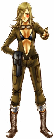merukizedeku, eva (metal gear), metal gear (series), metal gear solid 3: snake eater, lowres, 1girl, belt, belt pouch, bikini, bikini top only, female focus, full body, goggles, goggles around neck, long sleeves, navel, pocket, pouch, simple background, solo, standing, swimsuit, white background
