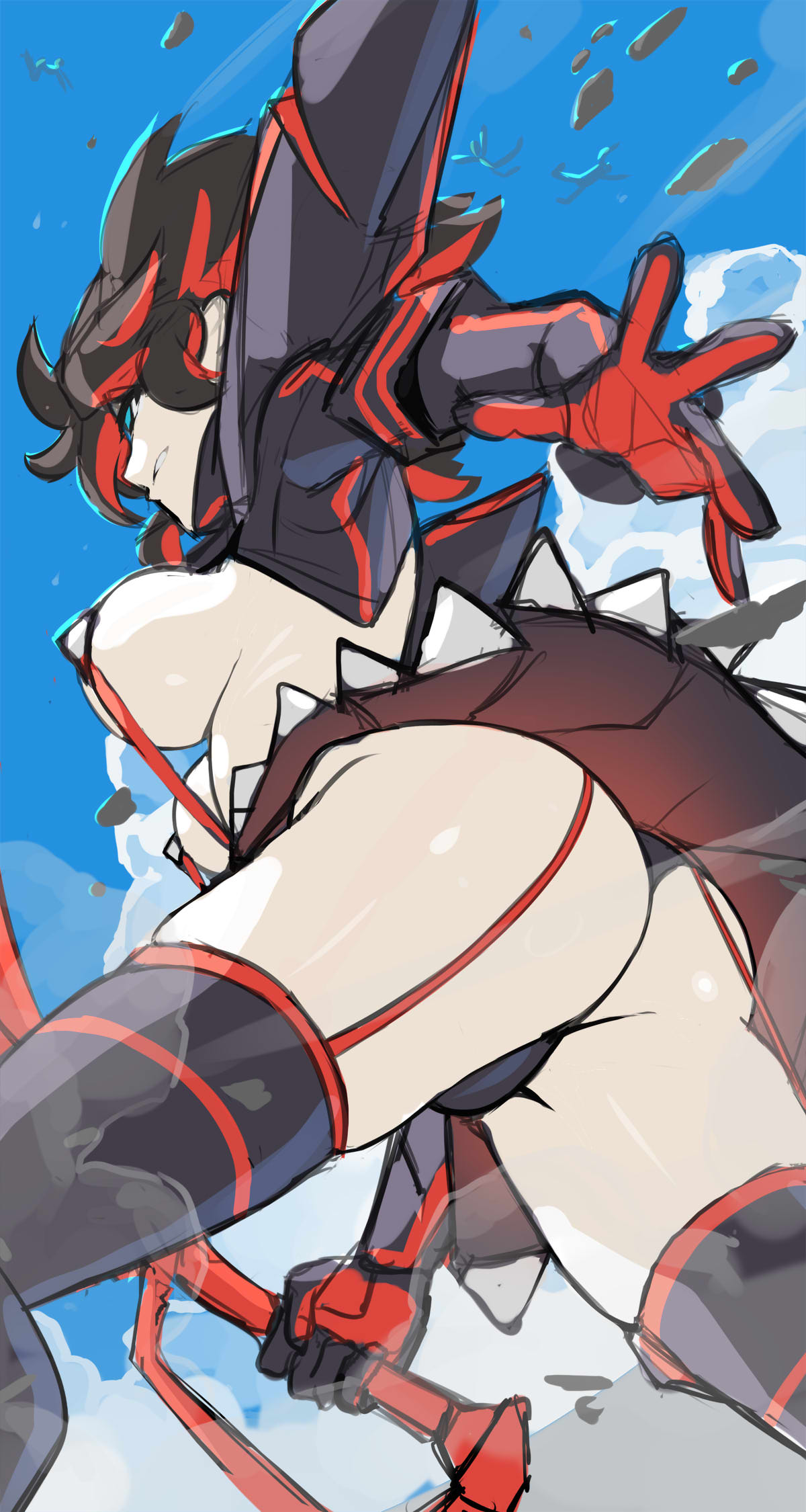 enma (enmanuelart), matoi ryuuko, senketsu, kill la kill, commentary, highres, 1girl, ass, ass focus, black boots, black gloves, black hair, black panties, black skirt, black sleeves, blue eyes, blue sky, boots, breasts, dust cloud, feet out of frame, from below, gloves, gluteal fold, holding blade, large breasts, long sleeves, looking to the side, medium hair, microskirt, multicolored hair, outdoors, outstretched arm, panties, parted lips, red garter straps, red gloves, red hair, red suspenders, revealing clothes, scissor blade (kill la kill), skindentation, skirt, sky, solo, thigh boots, two-tone gloves, two-tone hair, underboob, underwear
