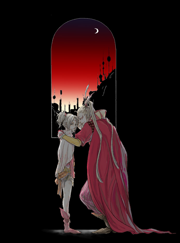 tanaka (xd), cefca palazzo, tina branford, final fantasy, final fantasy vi, brown footwear, bad id, bad pixiv id, 1990s (style), 1boy, 1girl, ahoge, arm around shoulder, boots, bridal gauntlets, cape, circlet, crescent moon, face-to-face, facial mark, feather hair ornament, feathers, frills, gloves, hair bobbles, hair ornament, height difference, jewelry, long hair, long sleeves, looking at another, looking at viewer, moon, pants, pantyhose, parted bangs, pink boots, ponytail, red cape, red sky, retro artstyle, ribbon, sky, standing, striped clothes, striped pants, vertical-striped clothes, vertical-striped pants, very long hair, whispering, white hair, window