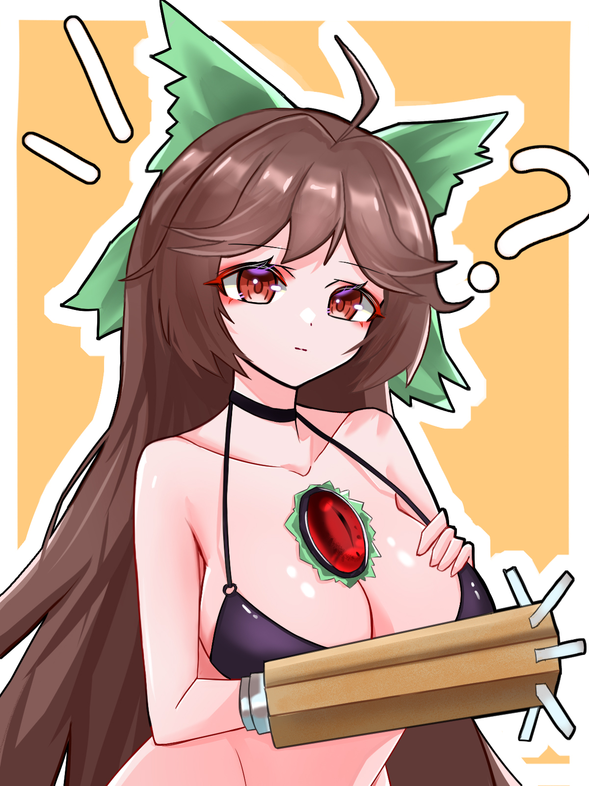 reiuji utsuho, touhou, commentary, highres, 1girl, 2934527737, ?, ahoge, arm cannon, bikini, black bikini, bow, breasts, brown hair, closed mouth, green bow, groin, hair bow, large breasts, long hair, looking at viewer, orange background, outline, red eyes, simple background, swimsuit, third eye, upper body, weapon, white outline