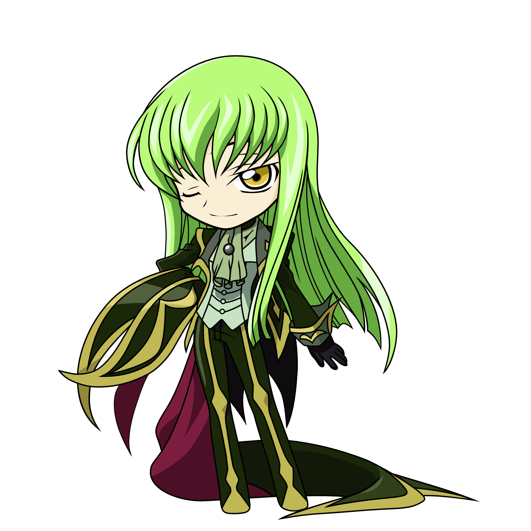 c.c., zero (code geass), code geass, highres, 1girl, chibi, cosplay, female focus, full body, green hair, solo, transparent background, wink, zero (code geass) (cosplay)