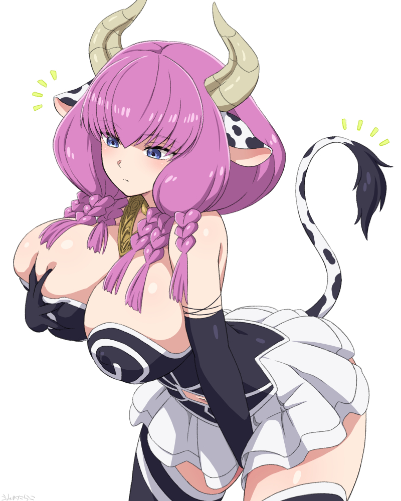 umi no tarako, aura (sousou no frieren), sousou no frieren, 1girl, animal ears, arm between legs, black leotard, black thighhighs, blue eyes, blush, braid, breasts, cleavage, closed mouth, cow ears, cow tail, cowboy shot, demon girl, demon horns, grabbing own breast, horns, large breasts, leaning forward, leotard, medium hair, multiple braids, pink hair, simple background, skirt, solo, tail, thighhighs, white background, white skirt