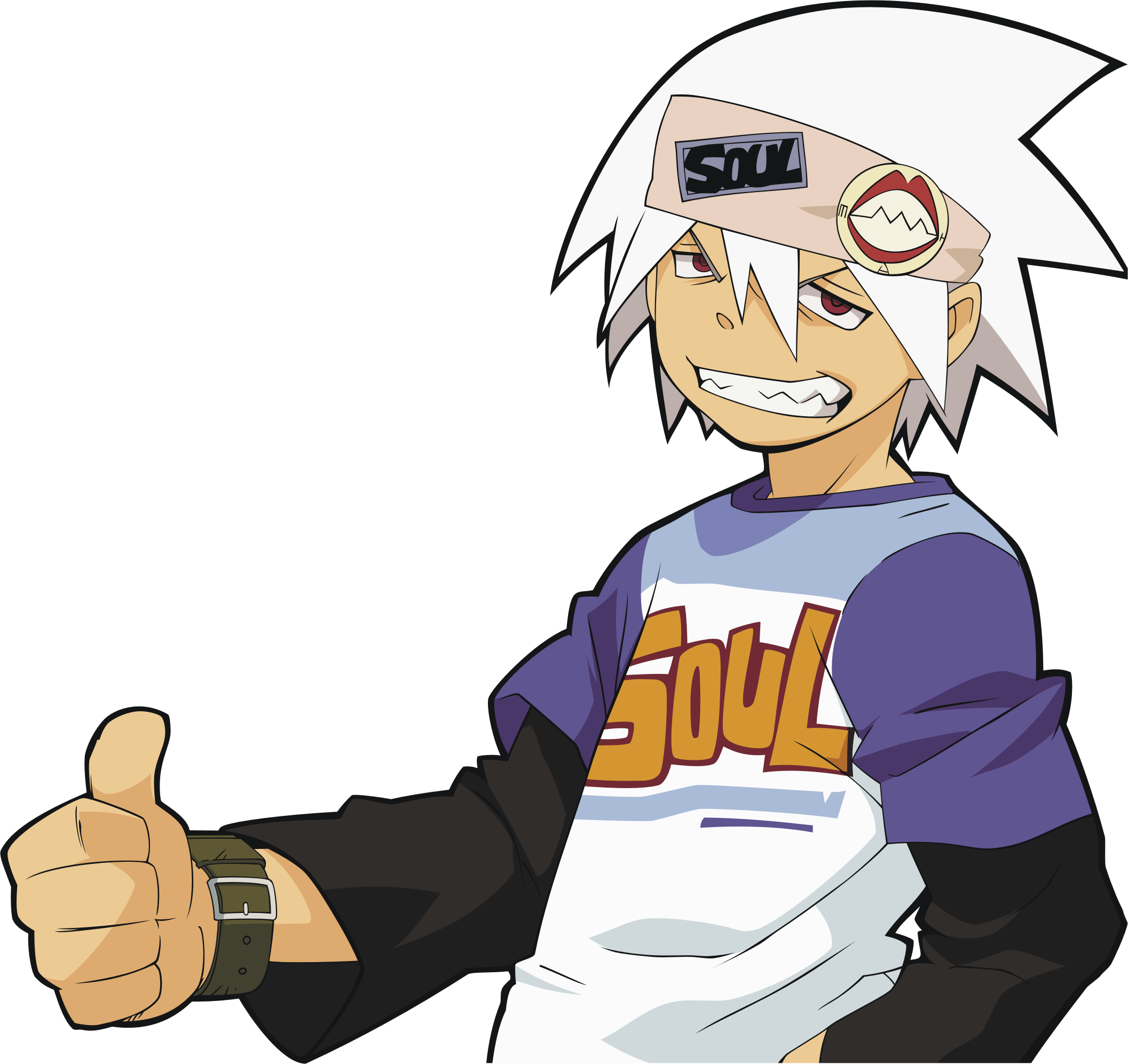 soul evans, soul eater, highres, 00s, 1boy, bracelet, buckle, clenched teeth, clothes writing, jewelry, long sleeves, male focus, red eyes, shirt, solo, t-shirt, teeth, thumbs up, transparent background, upper body, white hair
