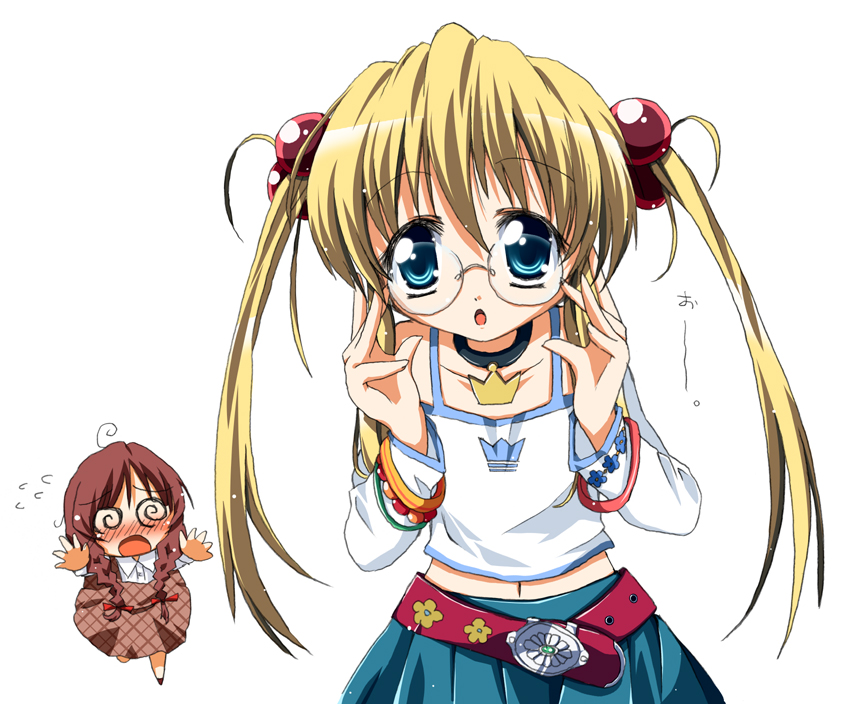 futaru usagi, amatsuka kosame, amatsuka rikka, baby princess, 10s, 2girls, @ @, bespectacled, blonde hair, blue eyes, braid, glasses, hair bobbles, hair ornament, long hair, midriff, multiple girls, navel, twintails