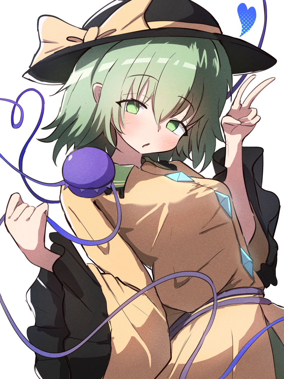 isgod, komeiji koishi, touhou, commentary, highres, 1girl, black hat, blush, bow, breasts, green eyes, green hair, hat, hat bow, heart, heart of string, long sleeves, looking at viewer, open mouth, shirt, short hair, simple background, solo, third eye, upper body, v, white background, wide sleeves, yellow bow, yellow shirt