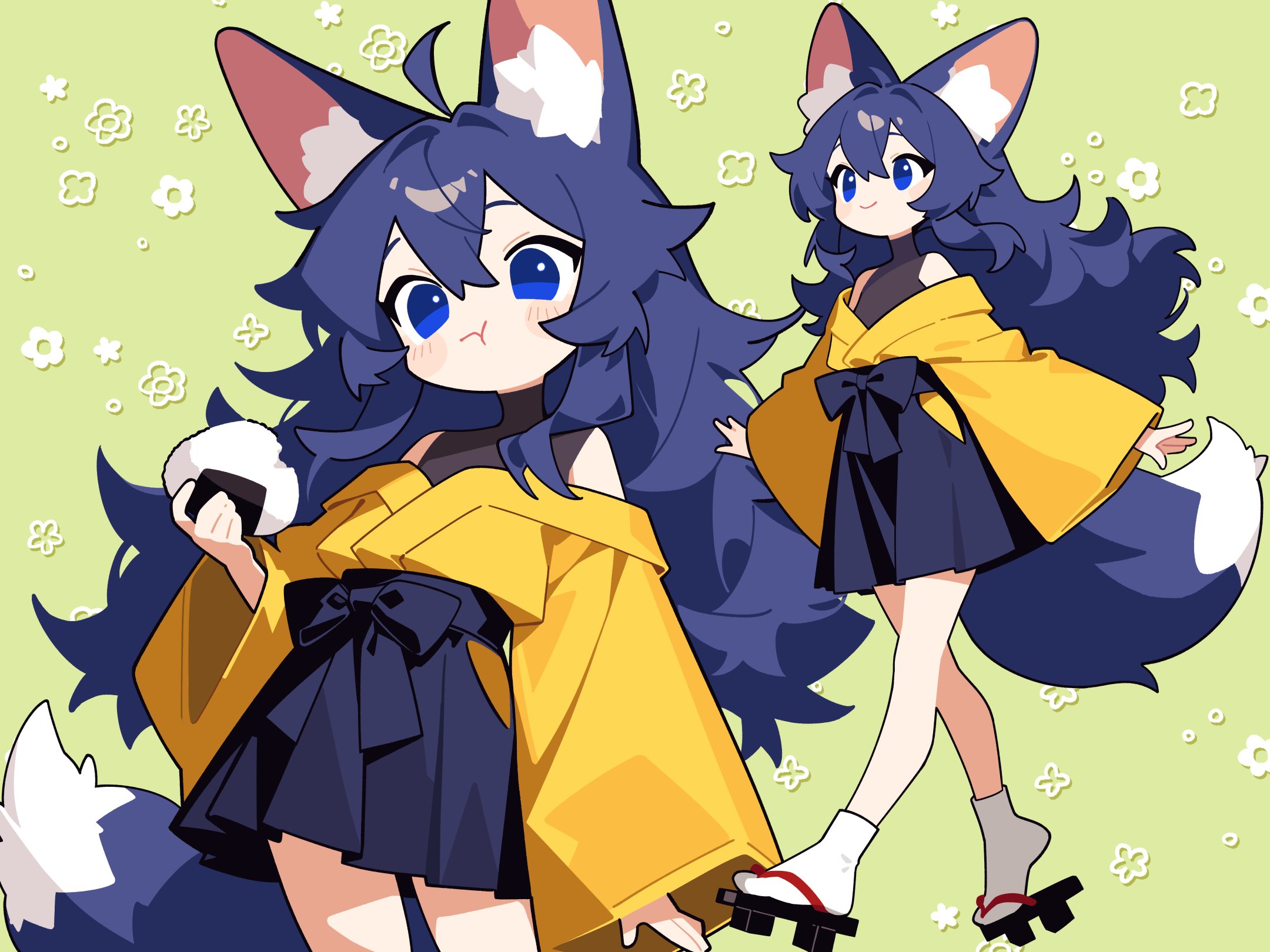 llucilab, original, fluffy hair, commentary, highres, 1girl, a-pose, ahoge, animal ear fluff, animal ears, bare shoulders, black bodysuit, black bow, black hakama, blue eyes, blue hair, bodysuit, bow, chewing, closed mouth, contrapposto, cowboy shot, eating, flat chest, fluffy, food, fox ears, fox girl, fox tail, full body, geta, green background, hair between eyes, hakama, hakama short skirt, hakama skirt, hand up, holding, holding food, japanese clothes, kimono, light blush, long hair, long sleeves, messy hair, multiple views, no nose, no pupils, off shoulder, onigiri, open clothes, open kimono, raised eyebrows, sidelocks, skirt, sleeves past wrists, smile, socks, standing, tail, very long hair, walking, white socks, wide sleeves, yellow kimono