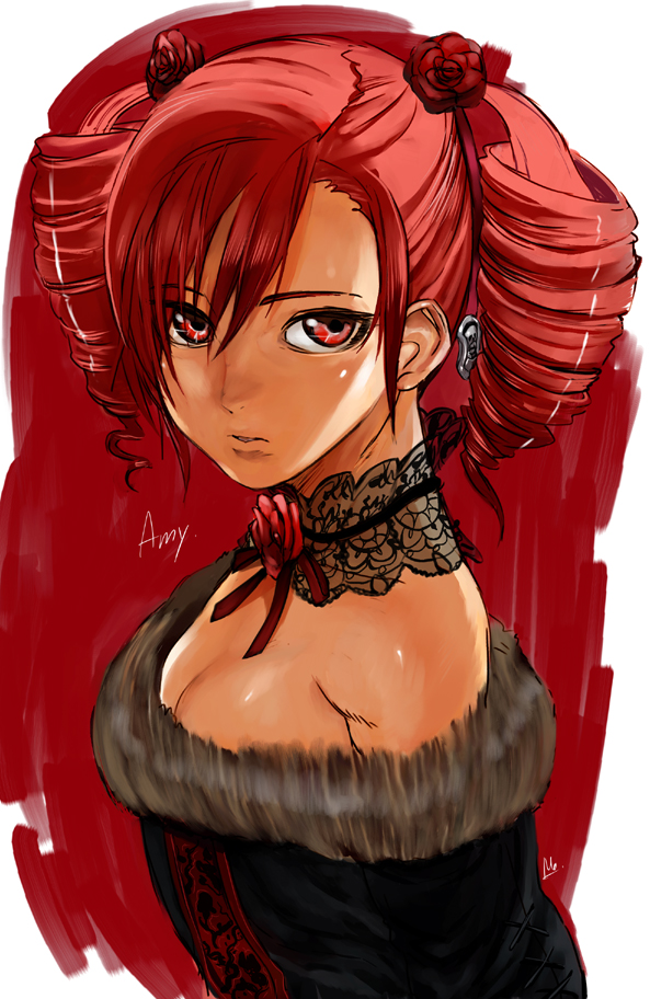 ashiomi masato, amy sorel, soul calibur, soulcalibur, soulcalibur iv, 1girl, bare shoulders, breasts, choker, cleavage, drill hair, female focus, fur trim, gothic lolita, lace, large breasts, lolita fashion, red eyes, red hair, red theme, short twintails, solo, twintails, upper body
