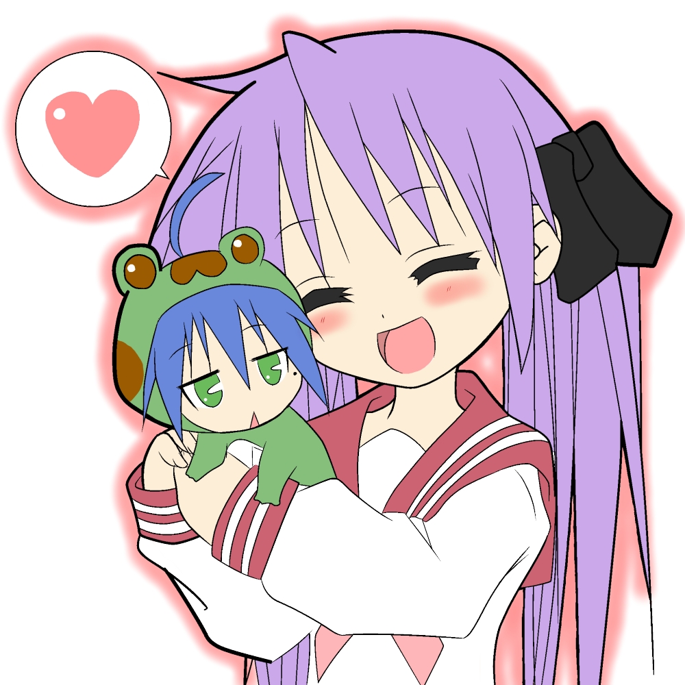 naz (garyuuya), hiiragi kagami, izumi konata, lucky star, bad id, bad pixiv id, 00s, 2girls, animal costume, blue hair, blush, chibi, closed eyes, frog, frog costume, green eyes, hair ribbon, happy, heart, hug, jitome, mole, mole under eye, multiple girls, purple hair, ribbon, school uniform, serafuku, smile, spoken heart, triangle mouth, twintails, yuri