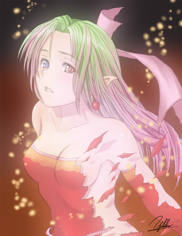 yukihiro, tina branford, trance terra branford, final fantasy, final fantasy vi, bad id, bad pixiv id, 1990s (style), 1girl, bare shoulders, blue eyes, breasts, female focus, green hair, heterochromia, hypnosis, long hair, multicolored hair, pink hair, pointy ears, red eyes, sideboob, signature, solo, torn clothes, transformation
