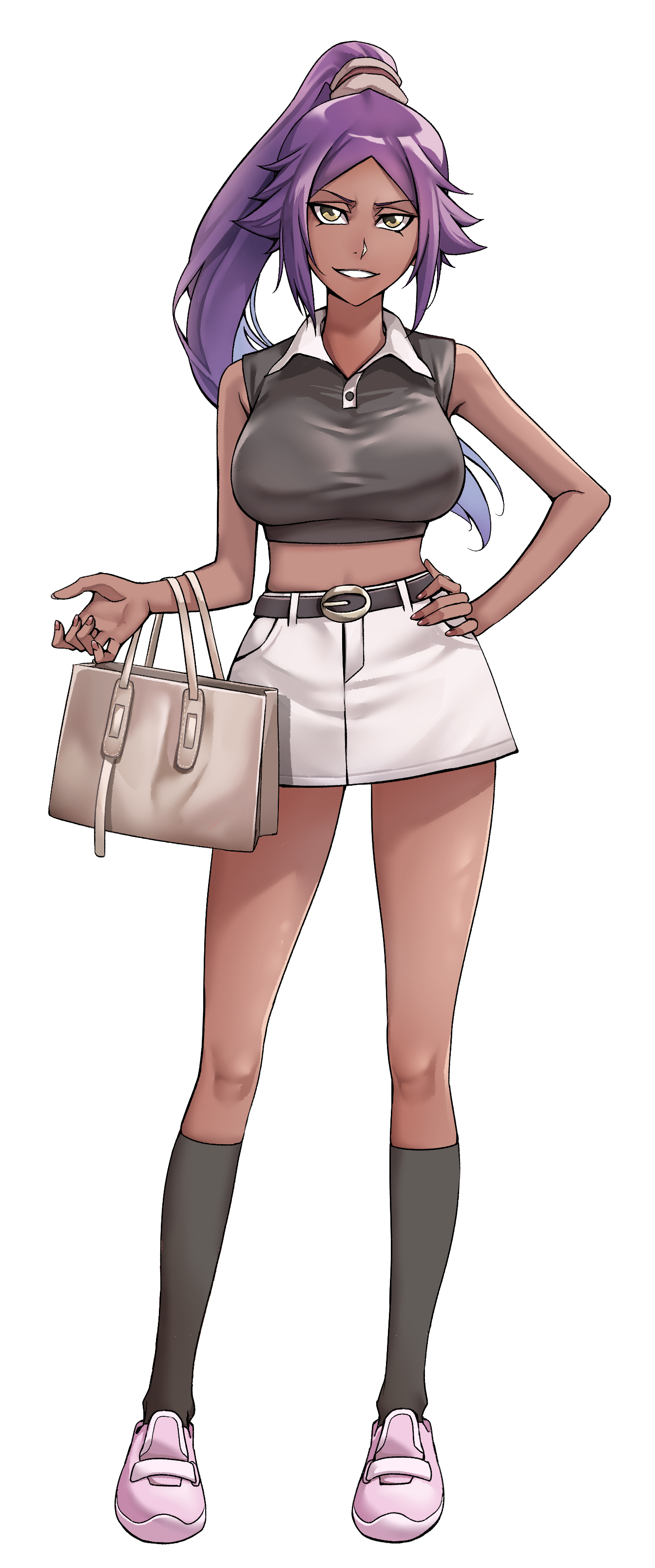 sakuya (liao kj), shihouin yoruichi, bleach, highres, 1girl, bag, belt, breasts, collar, dark-skinned female, dark skin, female focus, full body, hair ornament, hand on own hip, handbag, knee socks, large breasts, long hair, looking at viewer, parted bangs, ponytail, purple hair, shiny skin, shoes, skirt, yellow eyes
