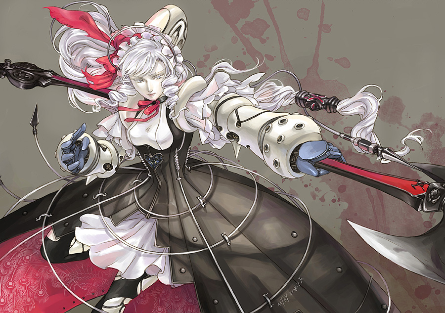 mtfy, ashlotte maedel, soul calibur, soulcalibur iv, silver hair, ashlotte, dress, drill hair, gauntlets, ribbon, solo, torn clothes, weapon, yellow eyes