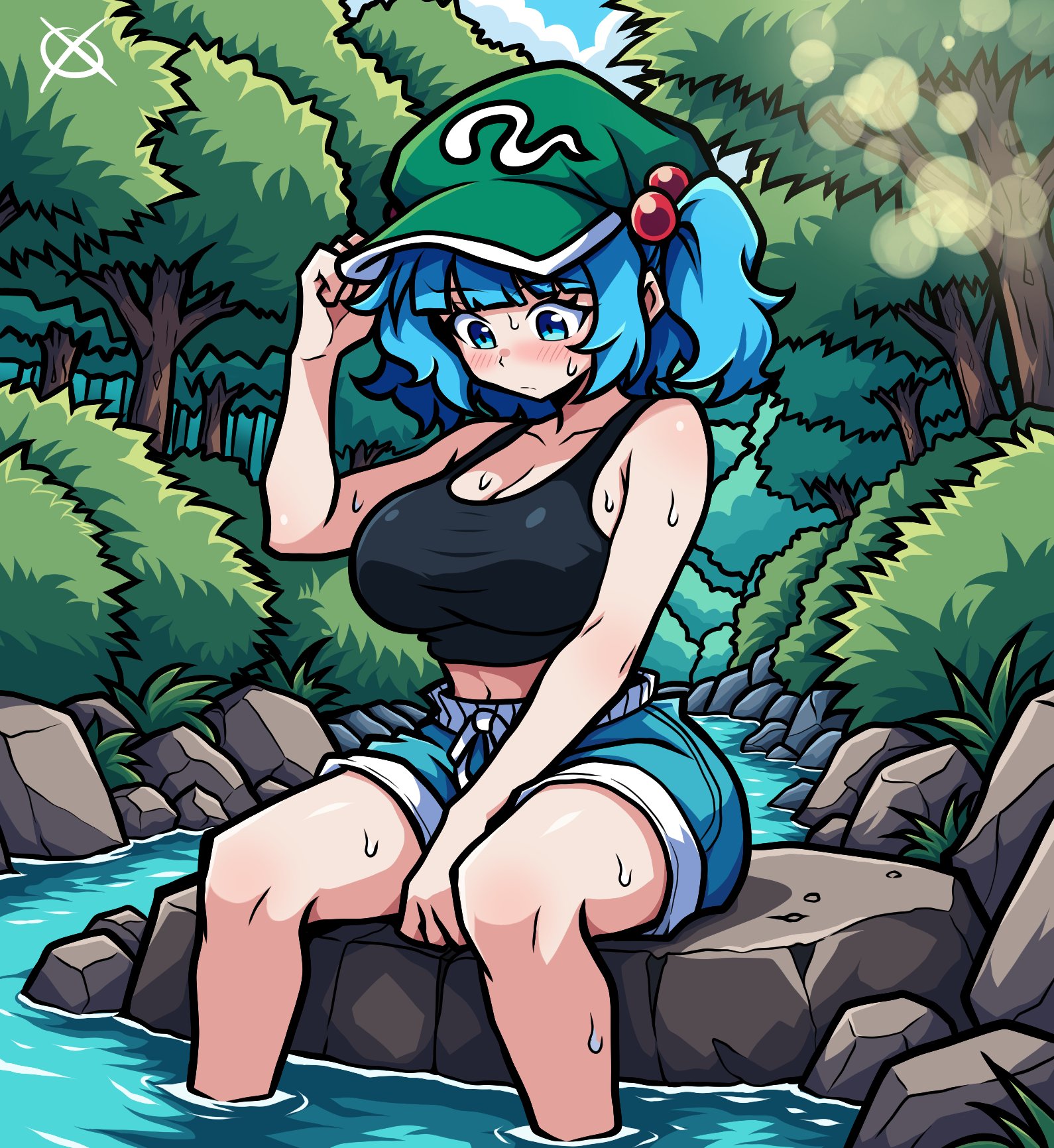 arianne20131, kawashiro nitori, touhou, commentary request, highres, 1girl, black tank top, blue eyes, blue hair, blue shorts, blunt bangs, breasts, cleavage, closed mouth, forest, green hat, hat, large breasts, nature, outdoors, river, shorts, sitting, solo, sweat, tank top, two side up, wading
