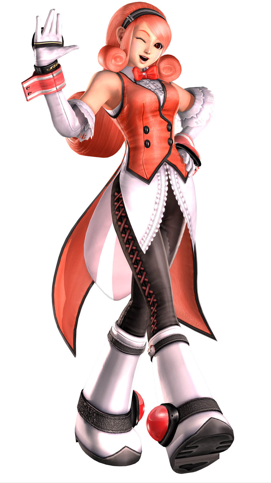 mignon beart, kof: maximum impact, snk, the king of fighters, highres, official art, 1girl, 3d, bare shoulders, boots, bow, bowtie, elbow gloves, female focus, gloves, lips, pink hair, solo