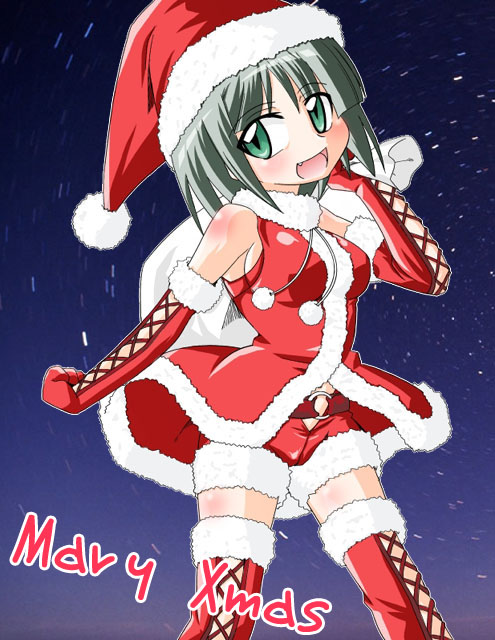 ikebata homura, aizawa sakuya, hayate no gotoku!, 00s, 1girl, blush, christmas, elbow gloves, fang, female focus, gloves, hair ornament, hairclip, hat, midriff, red gloves, santa costume, santa hat, shorts, solo, thighhighs