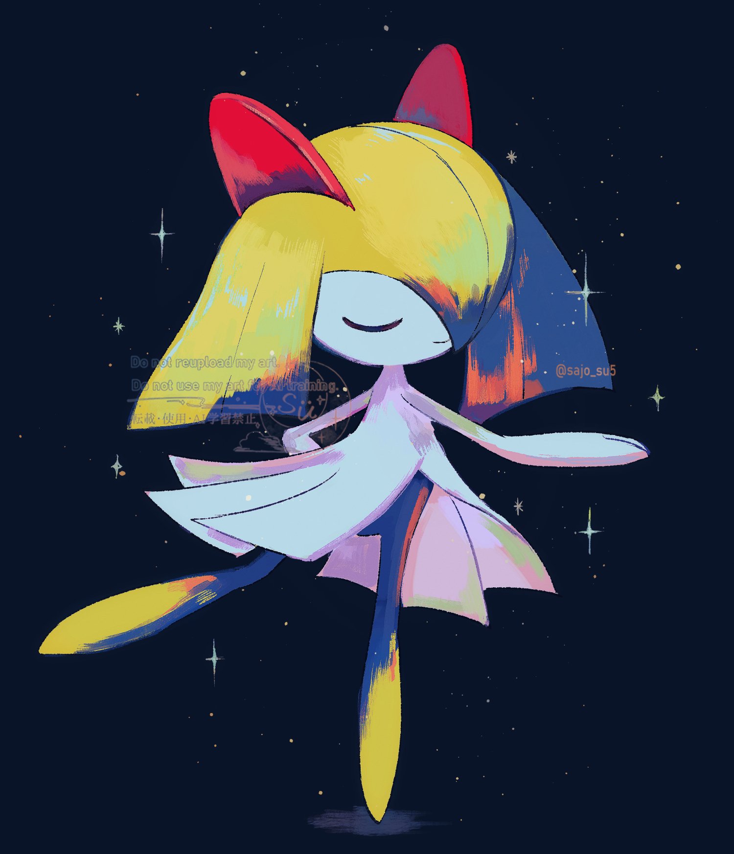 su (sajo su5), kirlia, nintendo, pokemon, highres, 1other, black background, closed eyes, closed mouth, colored skin, facing viewer, full body, gen 3 pokemon, green hair, green skin, hair over one eye, multicolored skin, pokemon (creature), pokemon focus, simple background, solo, star (symbol), two-tone skin, white skin