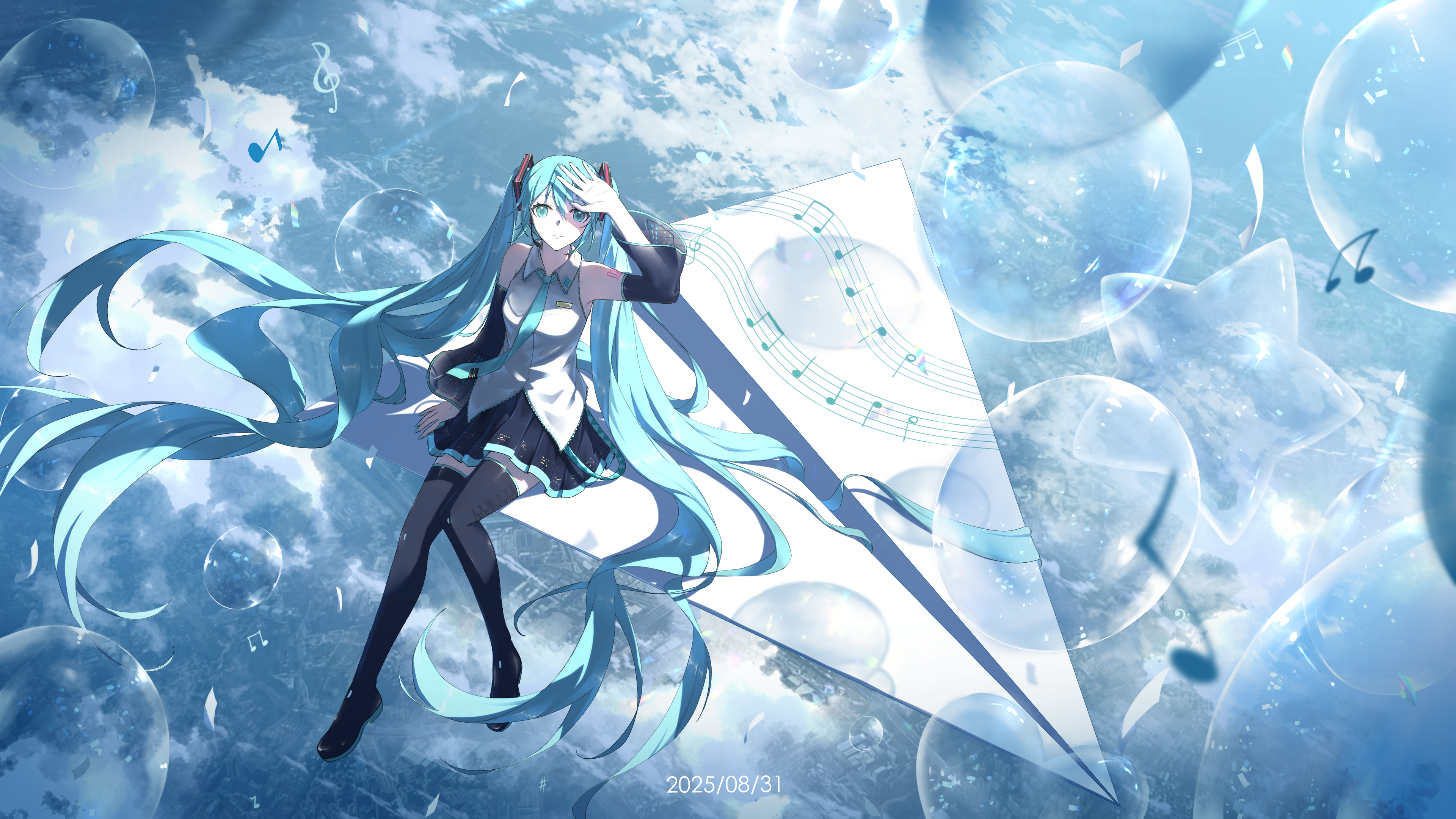 hsyenemy, hatsune miku, vocaloid, absurdres, commentary, english commentary, highres, 1girl, absurdly long hair, anniversary, aqua eyes, aqua hair, aqua nails, aqua necktie, aqua trim, arm tattoo, arm up, beamed eighth notes, black skirt, boots, collared shirt, dated, detached sleeves, eighth note, from above, grey shirt, hair between eyes, hair ornament, long hair, long sleeves, looking at viewer, looking up, musical note, musical staff, necktie, paper airplane, pleated skirt, shading eyes, shirt, sitting, skirt, smile, tattoo, thigh boots, treble clef, very long hair, wide shot, wide sleeves