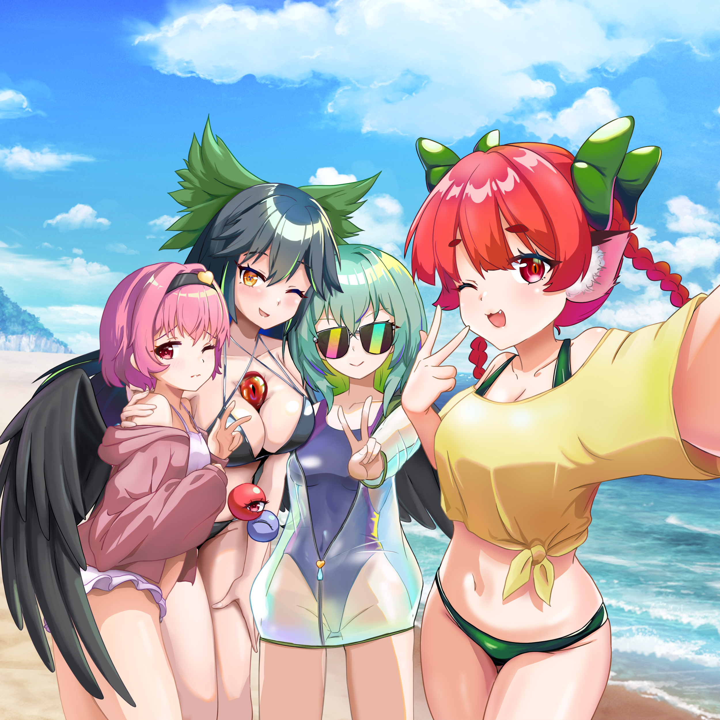 subterranorm, kaenbyou rin, komeiji koishi, komeiji satori, reiuji utsuho, touhou, absurdres, commentary request, highres, ;d, animal ears, beach, bikini, bird wings, black bikini, black hair, black hairband, black one-piece swimsuit, black wings, blue sky, blush, bow, braid, breasts, cat ears, cat girl, cleavage, closed mouth, cloud, covered navel, green bikini, green bow, green hair, hair bow, hair intakes, hairband, heart, large breasts, long hair, looking at viewer, one-piece swimsuit, one eye closed, open mouth, orange eyes, outdoors, pink hair, reaching, reaching towards viewer, red eyes, red hair, shirt, short hair, side braids, sky, small breasts, smile, sunglasses, swimsuit, third eye, twin braids, v, wings, yellow shirt