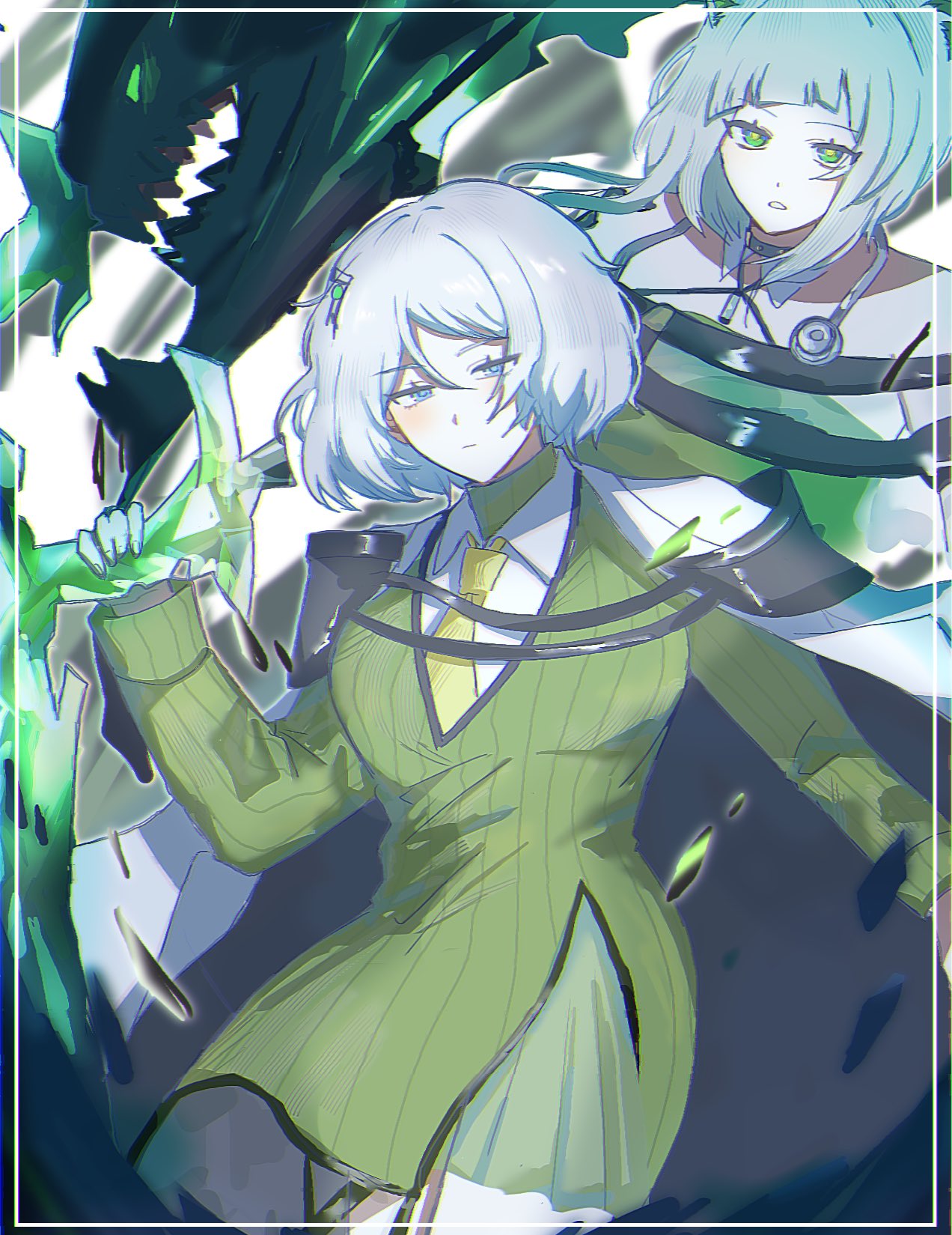 suzuki 555, faust (project moon), kal'tsit (arknights), mon3tr (arknights), arknights, limbus company, project moon, highres, 2girls, bare shoulders, blue eyes, blush, breasts, closed mouth, coat, coat on shoulders, collar, collared shirt, command:meltdown (e.g.o), cosplay, cowboy shot, detached collar, dress, e.g.o (project moon), expressionless, eyes visible through hair, green dress, green eyes, grey hair, hair between eyes, hair ornament, holding, holding sword, holding weapon, jewelry, kal'tsit (arknights) (cosplay), large breasts, long sleeves, material growth, medium hair, multiple girls, necklace, necktie, oripathy lesion (arknights), reverse grip, shirt, short dress, short hair, stethoscope, sweater, sweater dress, sword, turtleneck, weapon, white background, white coat, white hair, white shirt, yellow necktie, yellow pupils, zweihander