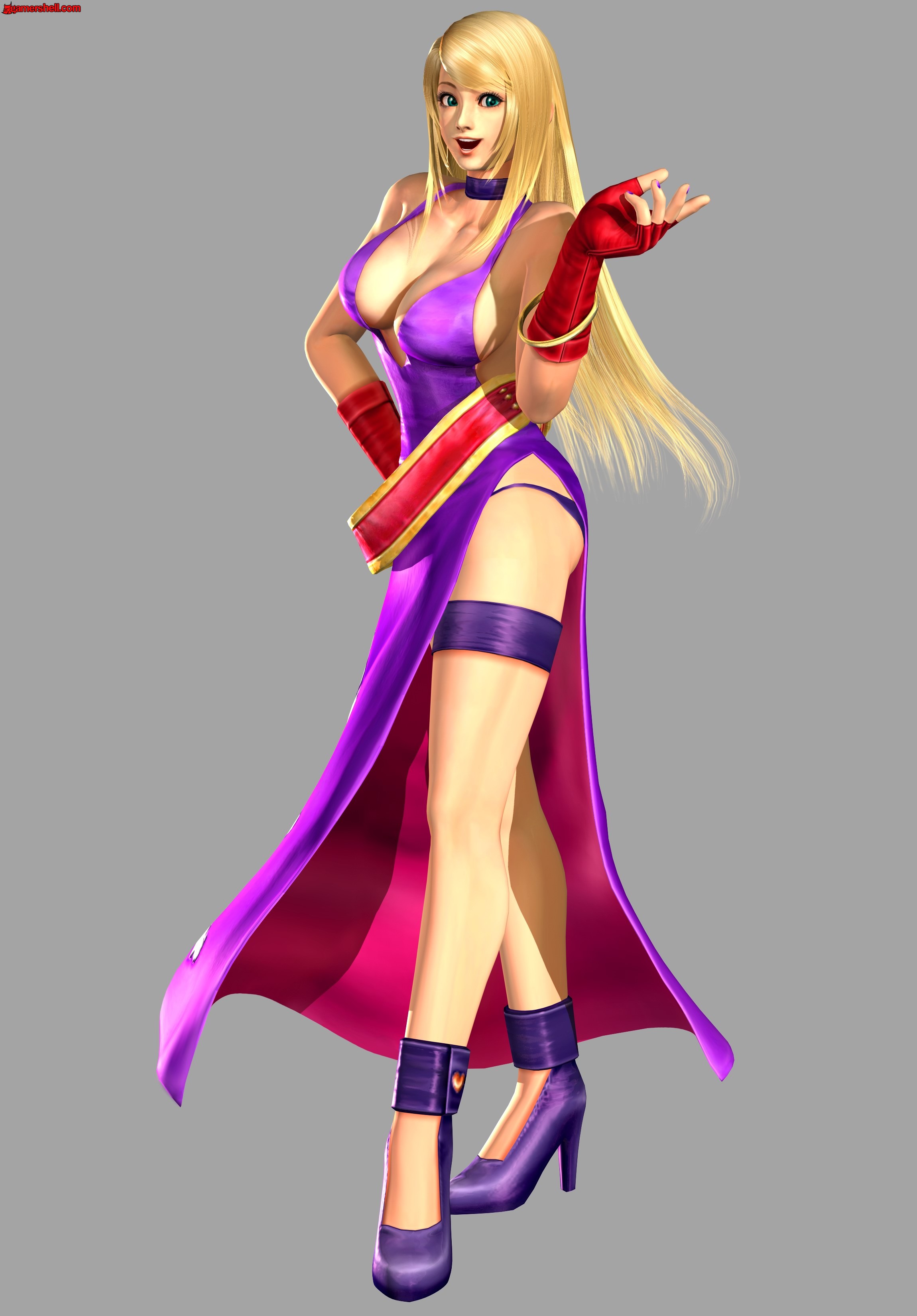 b. jenet, b.jenet, fatal fury, garou: mark of the wolves, kof: maximum impact, snk, the king of fighters, absurdres, highres, 1girl, bare shoulders, belt, blonde hair, blue eyes, blush, bracelet, breasts, cleavage, collar, dress, elbow gloves, female focus, fingerless gloves, gloves, green eyes, heart, high heels, highleg, highleg panties, hip focus, jewelry, large breasts, legband, legs, long hair, nail polish, no bra, panties, pantyshot, pirate, purple panties, shoes, sideboob, skirt, solo, thigh strap, thighs, underwear