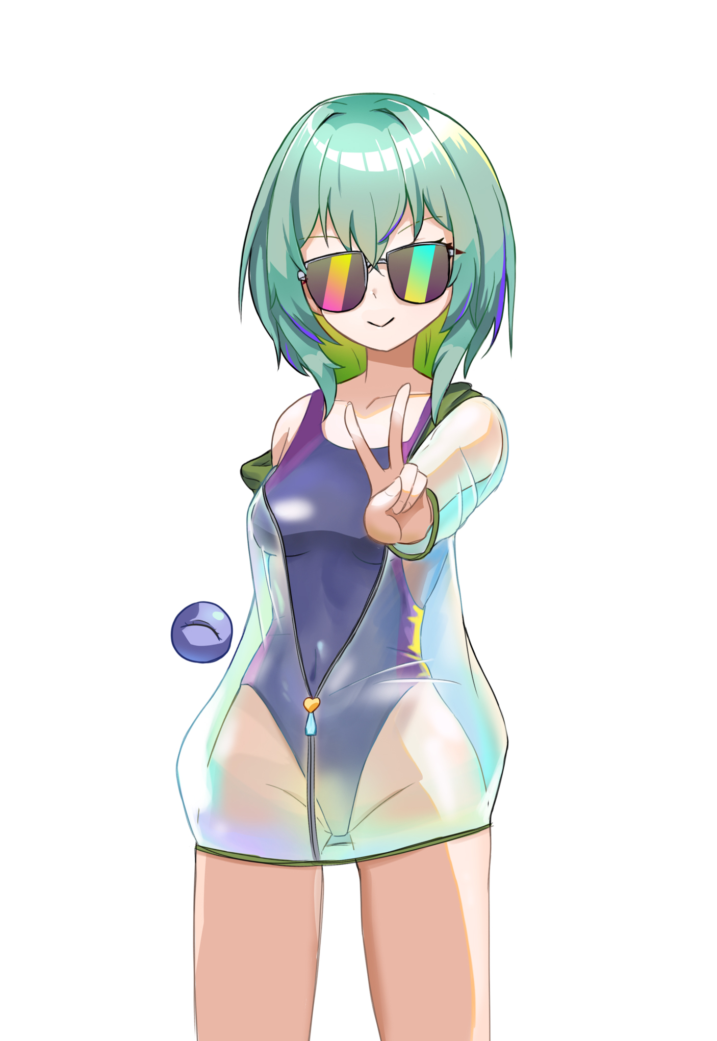 subterranorm, komeiji koishi, touhou, commentary request, highres, 1girl, black one-piece swimsuit, closed mouth, colored inner hair, dated, dated commentary, green hair, groin, hair intakes, highleg, highleg one-piece swimsuit, multicolored hair, one-piece swimsuit, see-through clothes, short hair, simple background, smile, solo, streaked hair, sunglasses, swimsuit, third eye, v, white background