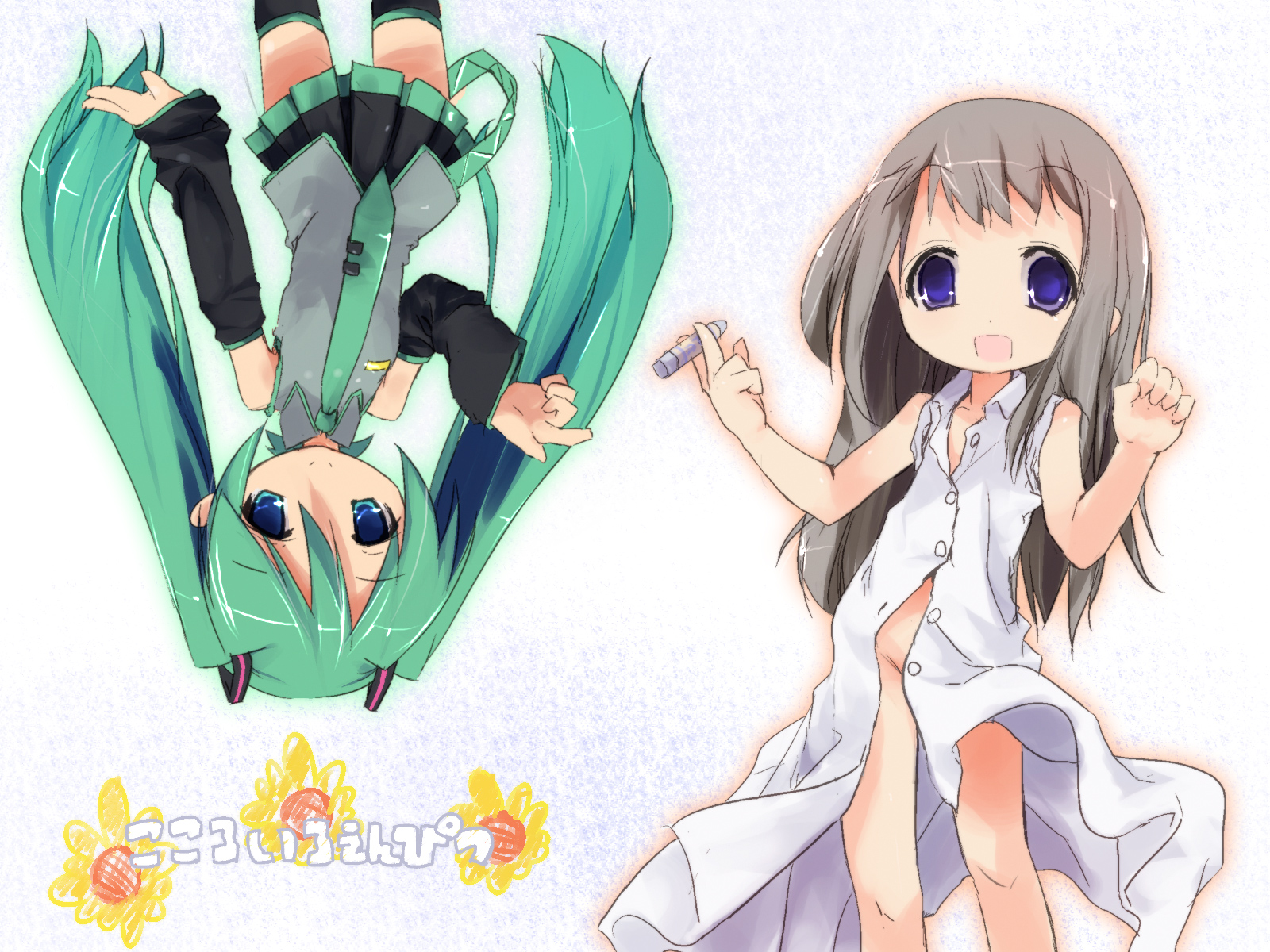 kuroba u, hatsune miku, vocaloid, character request, highres, 2girls, blue eyes, bottomless, brown hair, green hair, loli, multiple girls, no panties, thighhighs, twintails, unbuttoned