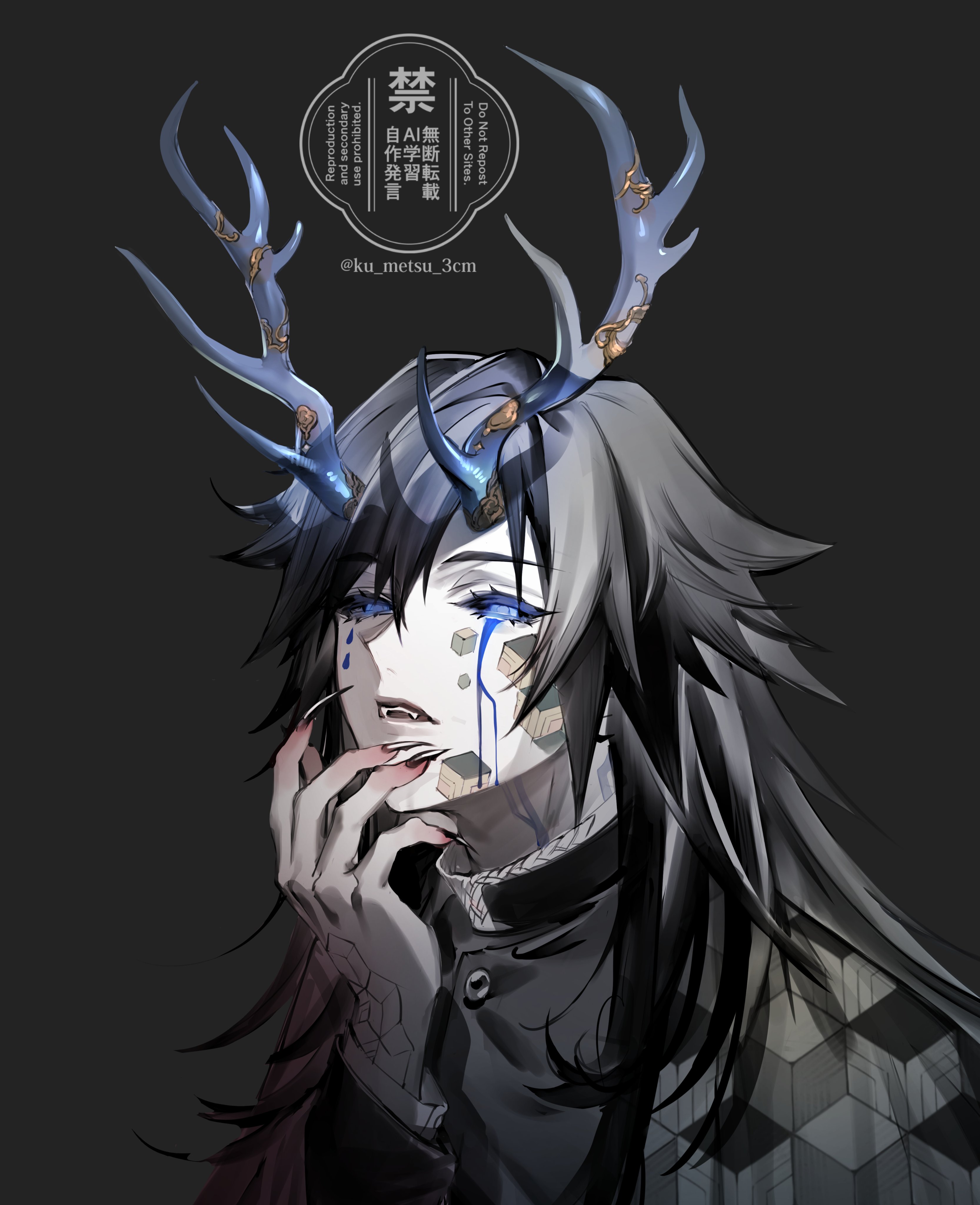 tomioka giyuu, kimetsu no yaiba, absurdres, highres, 1boy, black background, black hair, black jacket, black sclera, blue eyes, buttons, colored sclera, demon, demon slayer uniform, gold buttons, hand up, haori, high collar, horns, jacket, japanese clothes, kikkoumon, ku metsu 3cm, long hair, male focus, parted lips, print haori, red haori, simple background, solo, spiked hair, teeth, twitter username, upper body, watermark