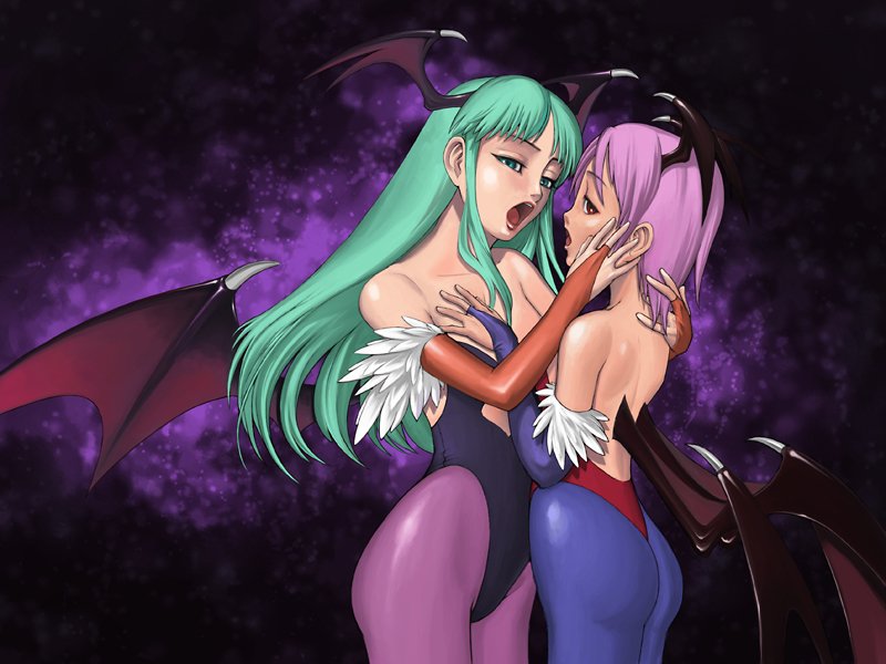 janome gochou, lilith (darkstalkers), morrigan aensland, capcom, darkstalkers, bad id, bad pixiv id, 2girls, age difference, bat wings, demon girl, elbow gloves, gloves, green eyes, green hair, head wings, height difference, incest, leotard, long hair, multiple girls, onee-loli, pantyhose, purple hair, red eyes, red leotard, short hair, wings, yuri