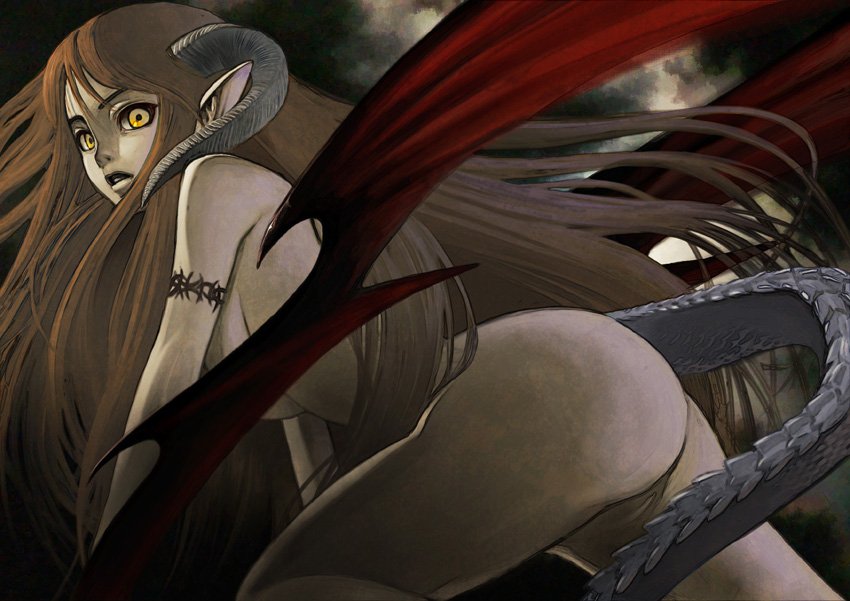 janome gochou, original, 1girl, all fours, ass, bat wings, brown hair, dragon, female focus, horns, long hair, monster girl, nude, orange eyes, personification, pointy ears, solo, tail, tattoo, wings, wyvern