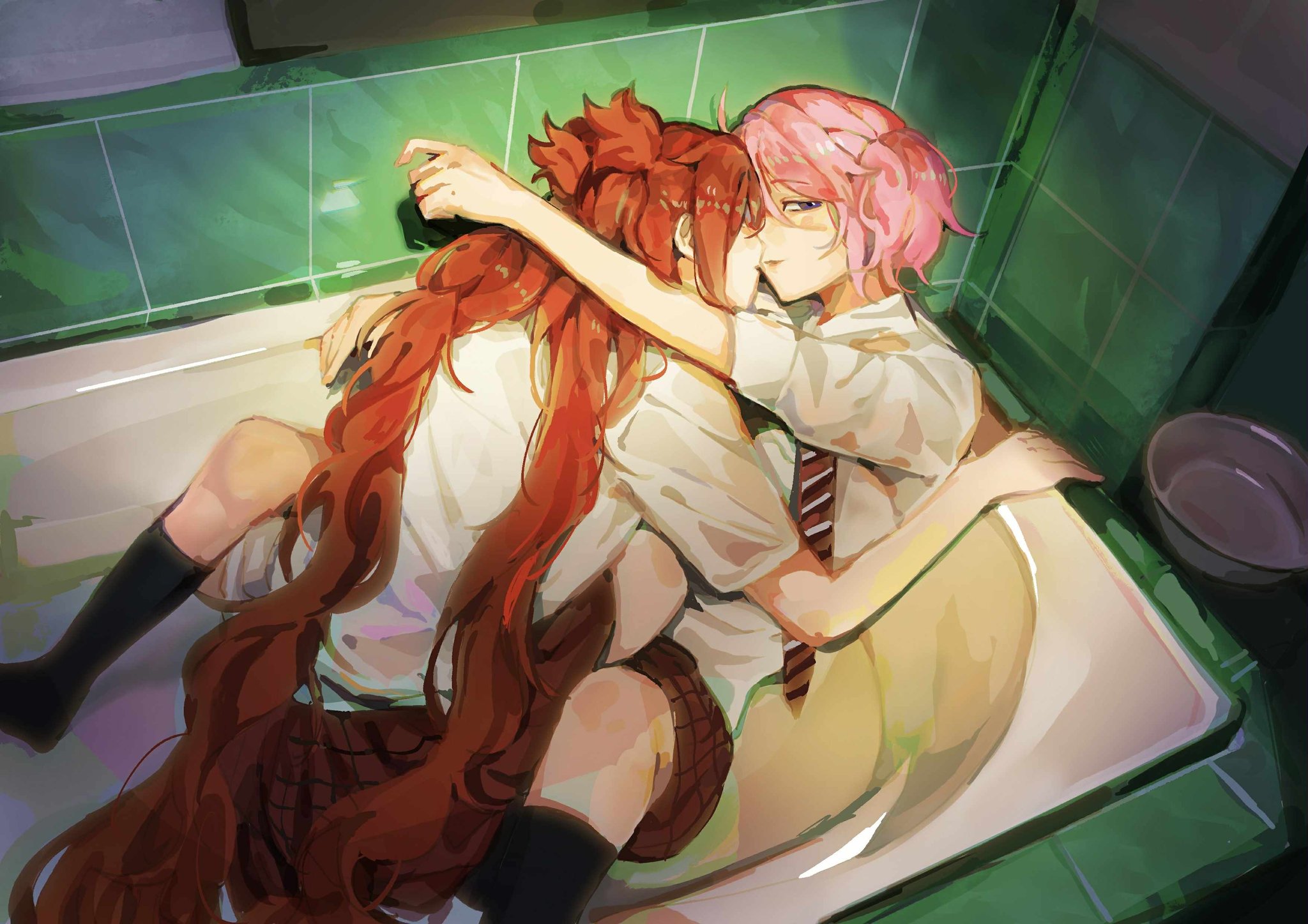 kid sppinarl, jinx (league of legends), lux (league of legends), star guardian (league of legends), star guardian jinx, star guardian lux, league of legends, commentary, highres, 2girls, arms around neck, bathtub, between legs, black socks, closed mouth, collared shirt, indoors, kneehighs, long hair, multiple girls, necktie, pink hair, plaid clothes, plaid skirt, pleated skirt, purple eyes, red hair, red necktie, red skirt, school uniform, shirt, short sleeves, short twintails, skirt, smile, socks, tile wall, tiles, twintails, white shirt, yuri