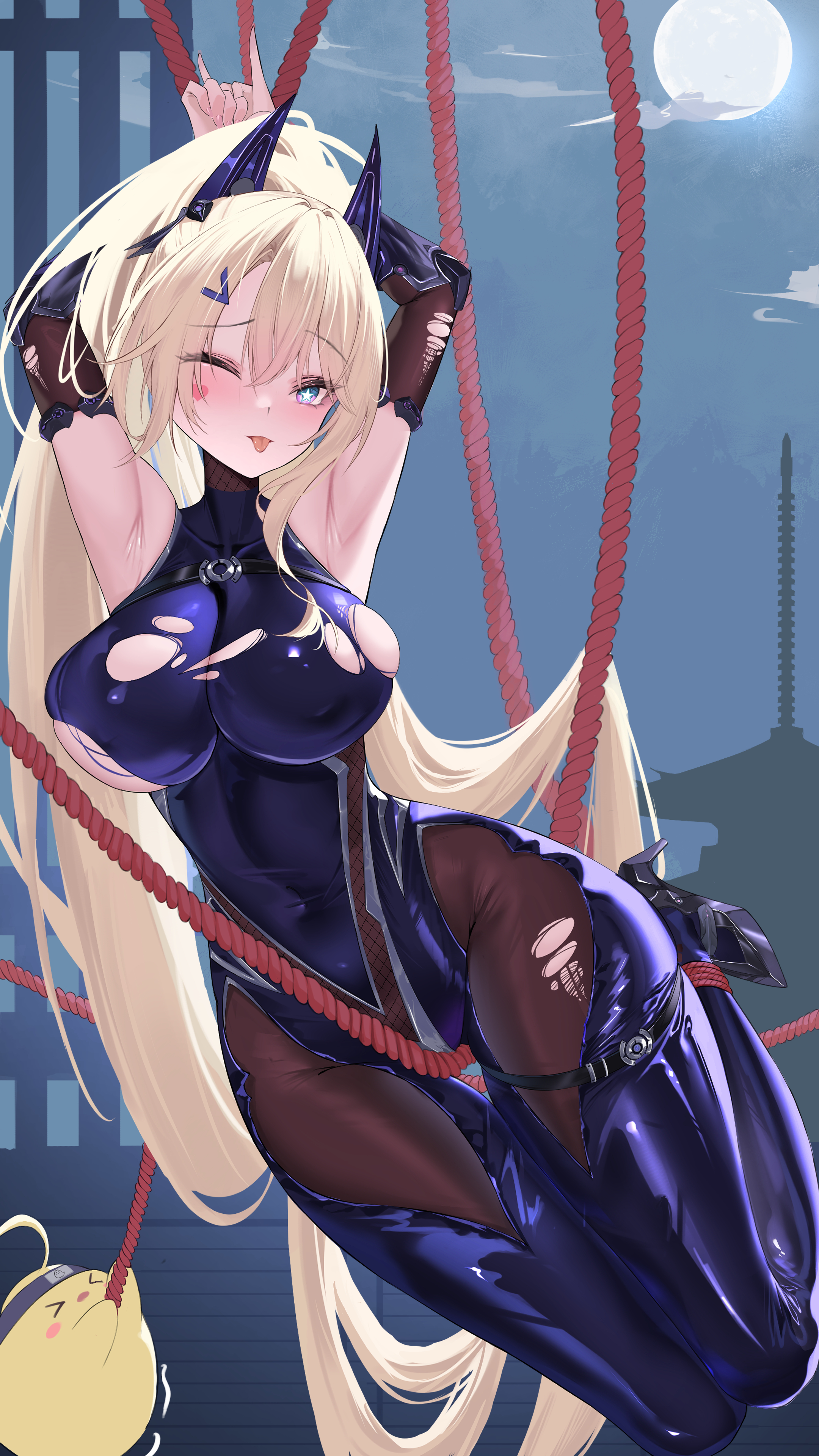qingmangzi, guam (azur lane), guam (the kunoichi's dangerous variety show) (azur lane), manjuu (azur lane), azur lane, absurdres, highres, 1girl, ;p, armpits, arms up, blonde hair, blue bodysuit, blue eyes, bodysuit, bound, bound wrists, breasts, covered navel, facial mark, full moon, heart, heart facial mark, high heels, high ponytail, large breasts, long hair, looking at viewer, moon, night, night sky, ninja, official alternate costume, one eye closed, ponytail, red rope, rope, sky, sleeveless, sleeveless bodysuit, star-shaped pupils, star (symbol), symbol-shaped pupils, thigh gap, tongue, tongue out, torn bodysuit, torn clothes, very long hair