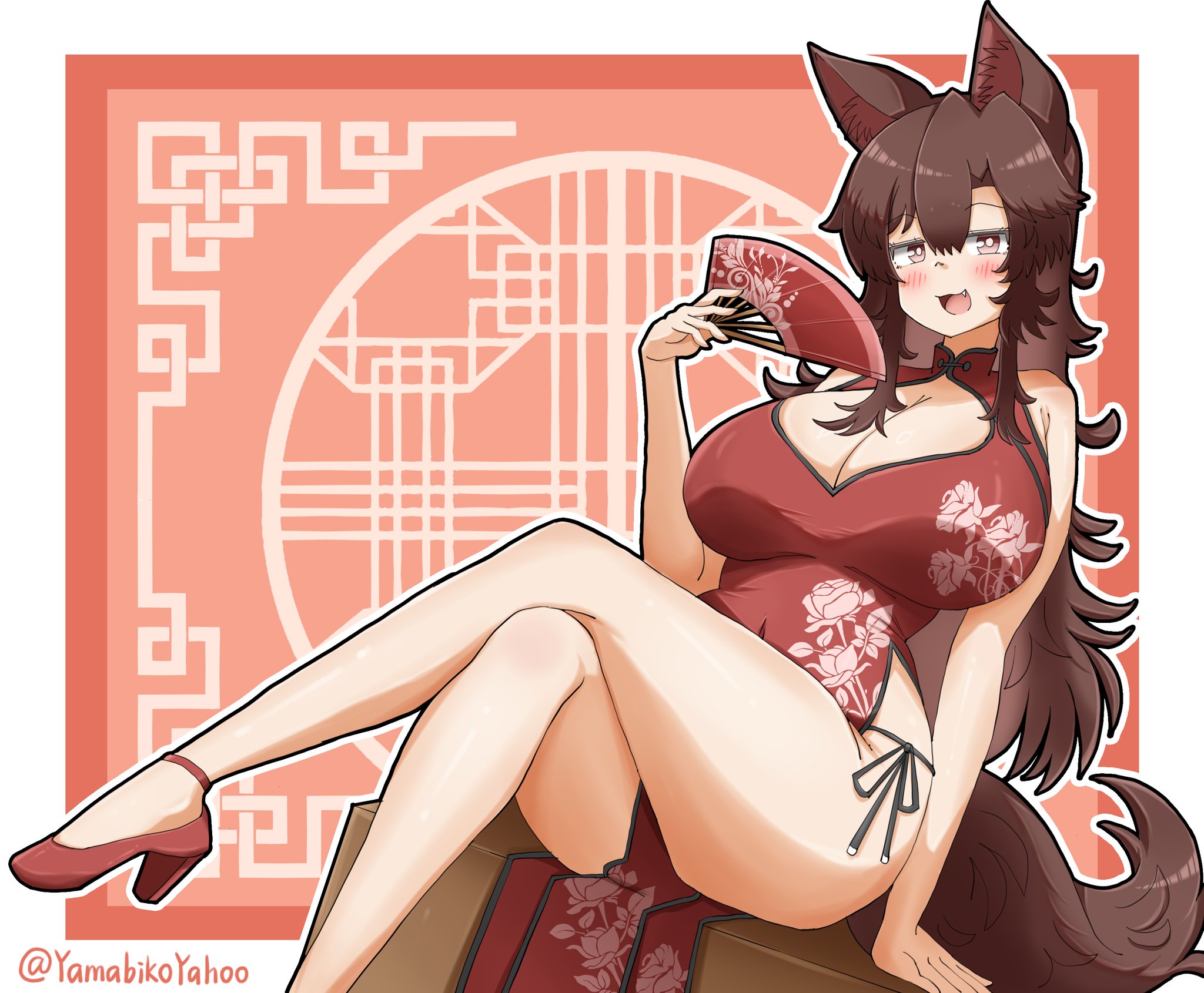 yamabikoyahoo, imaizumi kagerou, touhou, commentary, highres, symbol-only commentary, alternate costume, animal ears, blush, breasts, bright pupils, brown hair, china dress, chinese clothes, cleavage, covered navel, dress, fang, floral print, hand fan, high heels, holding, holding fan, huge breasts, long hair, looking at viewer, outline, pants, red background, red pants, sitting, twitter username, white outline, white pupils, wolf ears, wolf girl