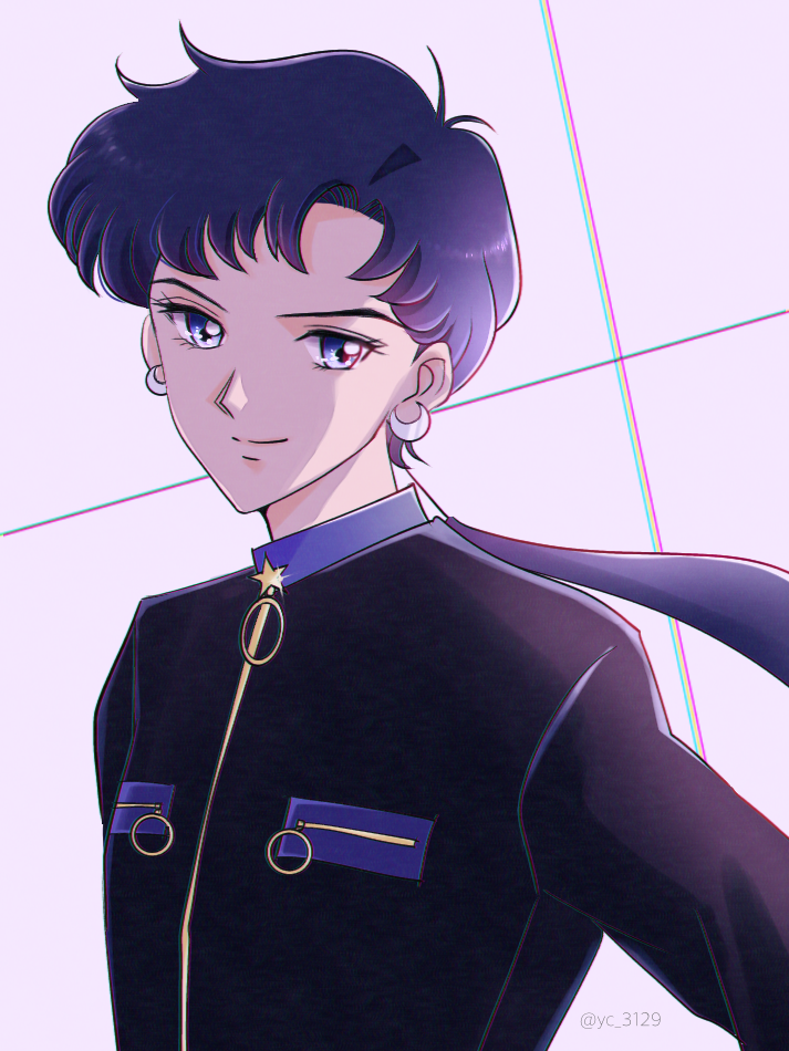 y-yazaki2406, seiya kou, bishoujo senshi sailor moon, bishoujo senshi sailor moon stars, commentary, 1boy, bishounen, black hair, black shirt, blue eyes, closed mouth, crescent, crescent earrings, earrings, jewelry, juuban high school uniform, long hair, looking at viewer, male focus, ponytail, school uniform, shirt, smile, solo, upper body