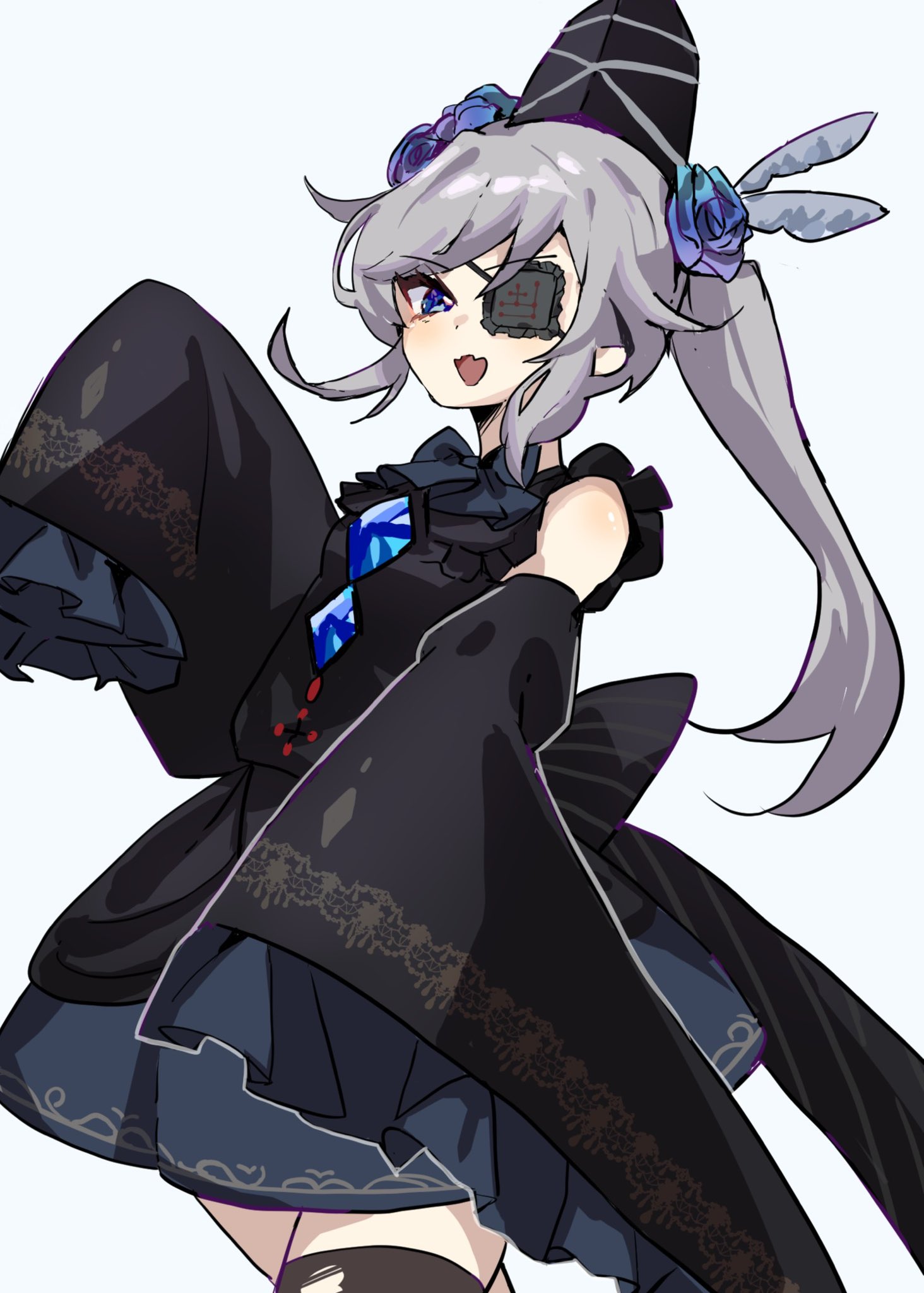 mononobe no futo, touhou, commentary request, highres, 1girl, alternate costume, black dress, black hat, black thighhighs, blue eyes, blue flower, detached sleeves, dress, eyepatch, flower, grey hair, hair flower, hair ornament, hat, io16sii, long hair, looking at viewer, open mouth, ponytail, simple background, solo, tate eboshi, thighhighs, white background, wide sleeves