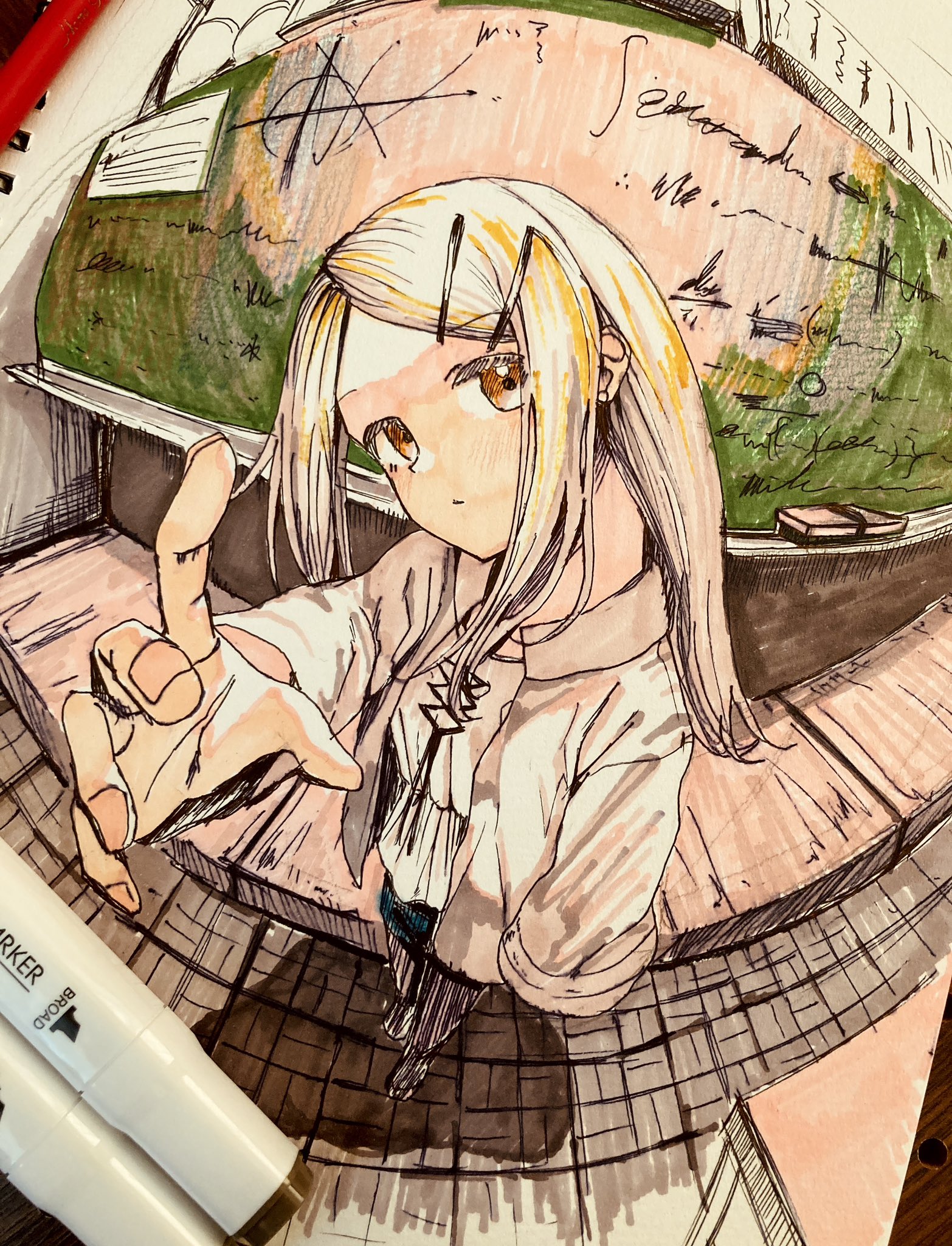 niwatoko towani, shinosawa hiro, gakuen idolmaster, idolmaster, highres, tagme, traditional media, 1girl, blonde hair, camisole, cardigan, orange eyes